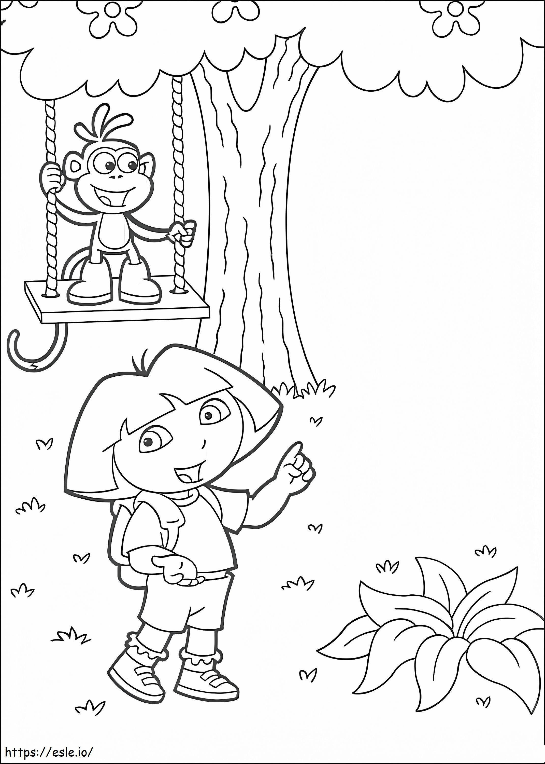 Coloriage Dora et bottes jouant à imprimer dessin