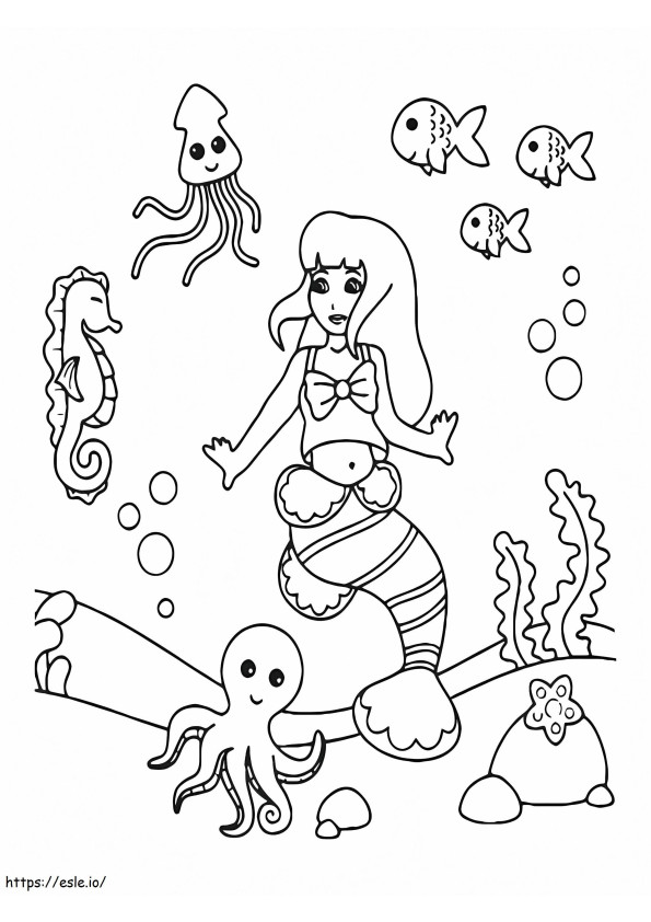 Sirena y animales marinos para colorear
