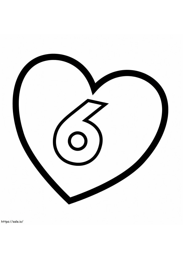 Nummer 6 in hart kleurplaat