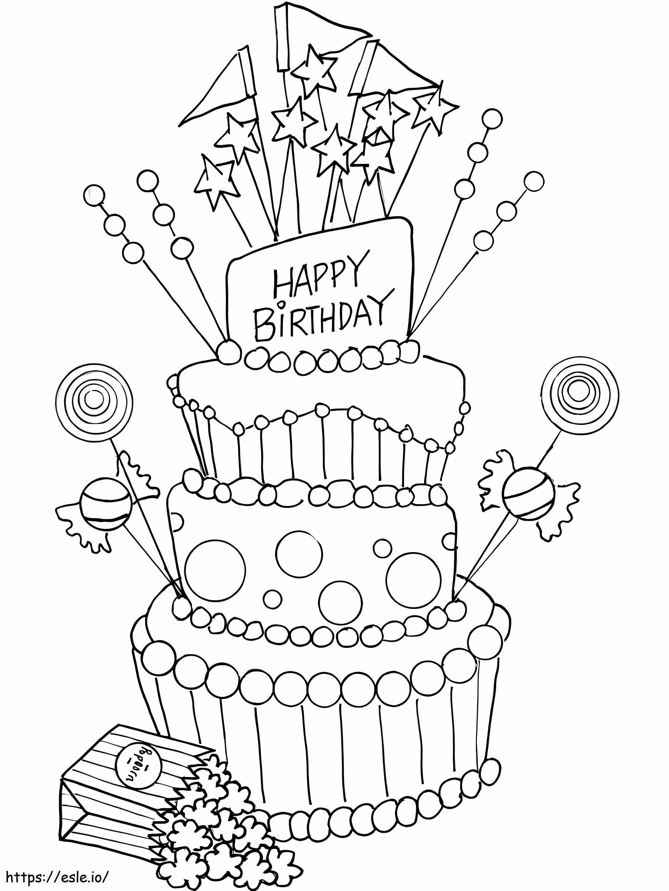 ポップコーンと誕生日ケーキ ぬりえ - 塗り絵