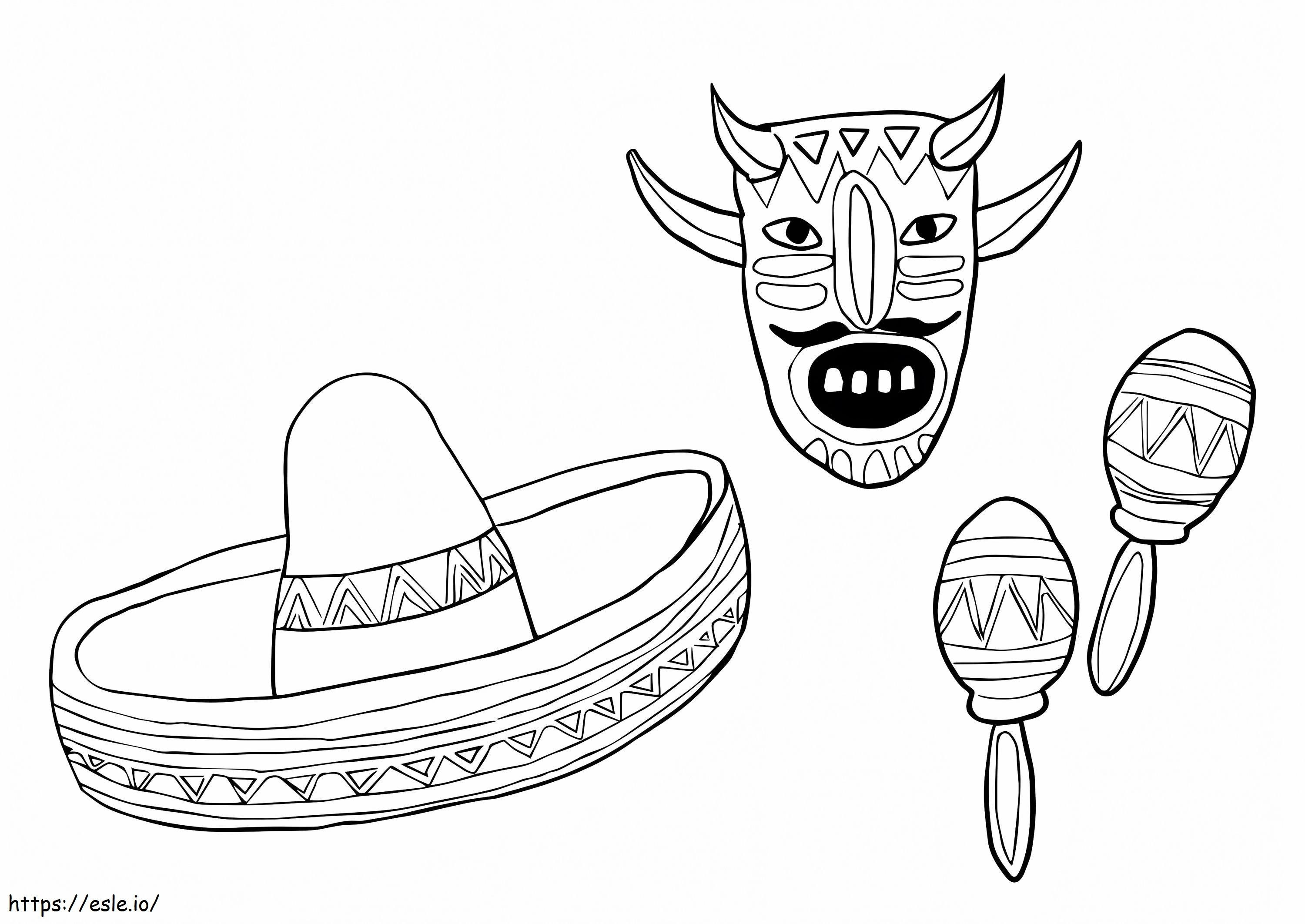 Coloriage Masque Sombrero Et Maracas à imprimer dessin