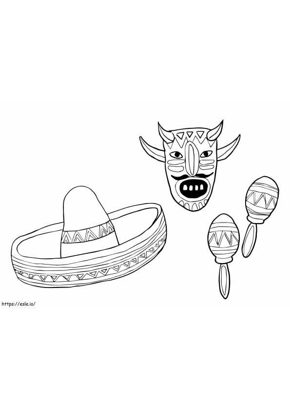 Mask Sombrero And Maracas coloring page