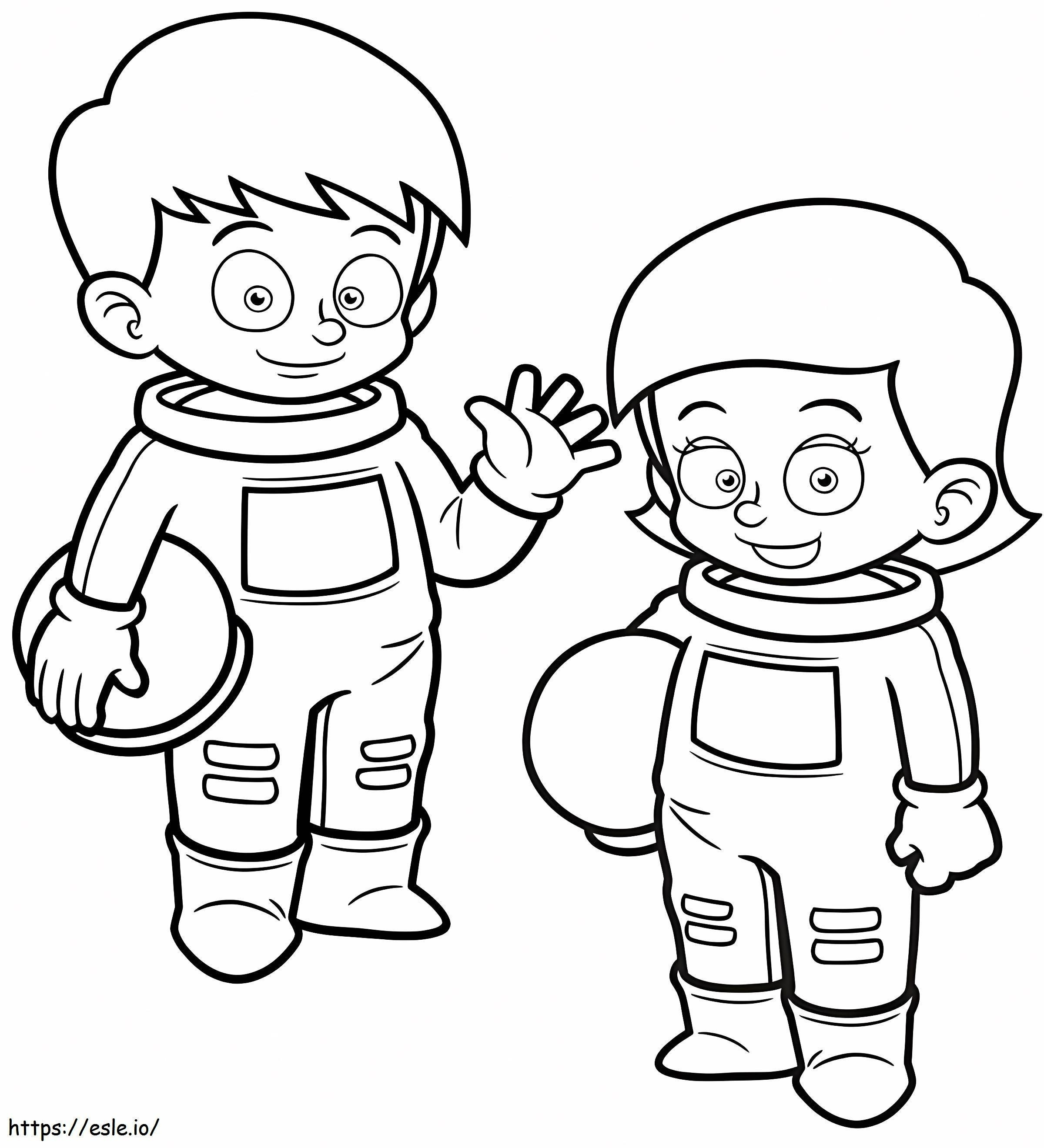 Niña y niño astronauta para colorear