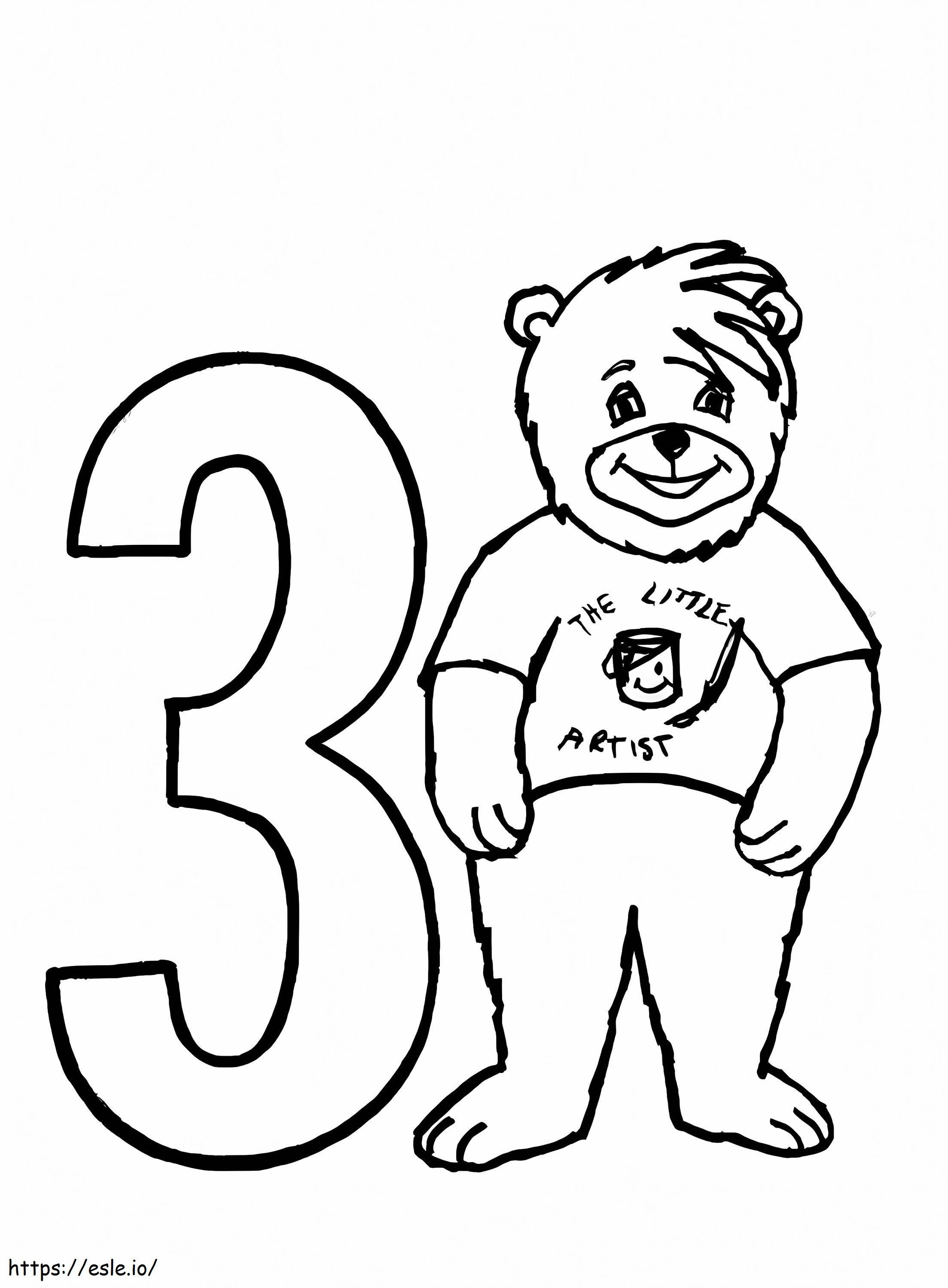 Urso e número 3 para colorir