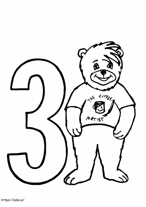 Urso e número 3 para colorir
