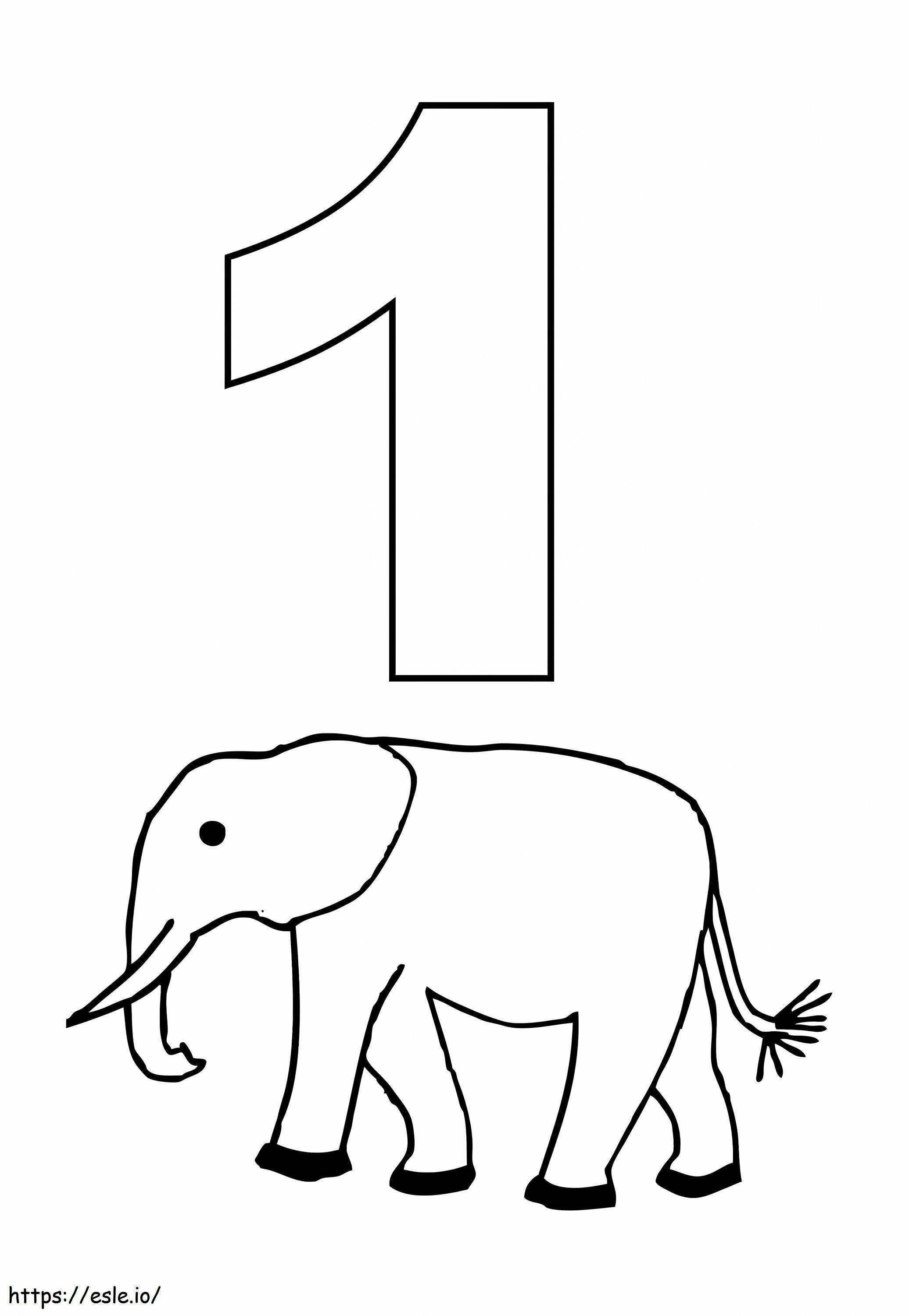 数字の 1 と象 ぬりえ - 塗り絵