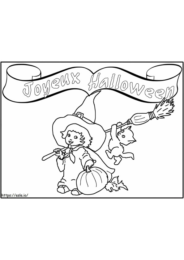 Coloriage Joyeux Halloween avec petite sorcière à imprimer dessin