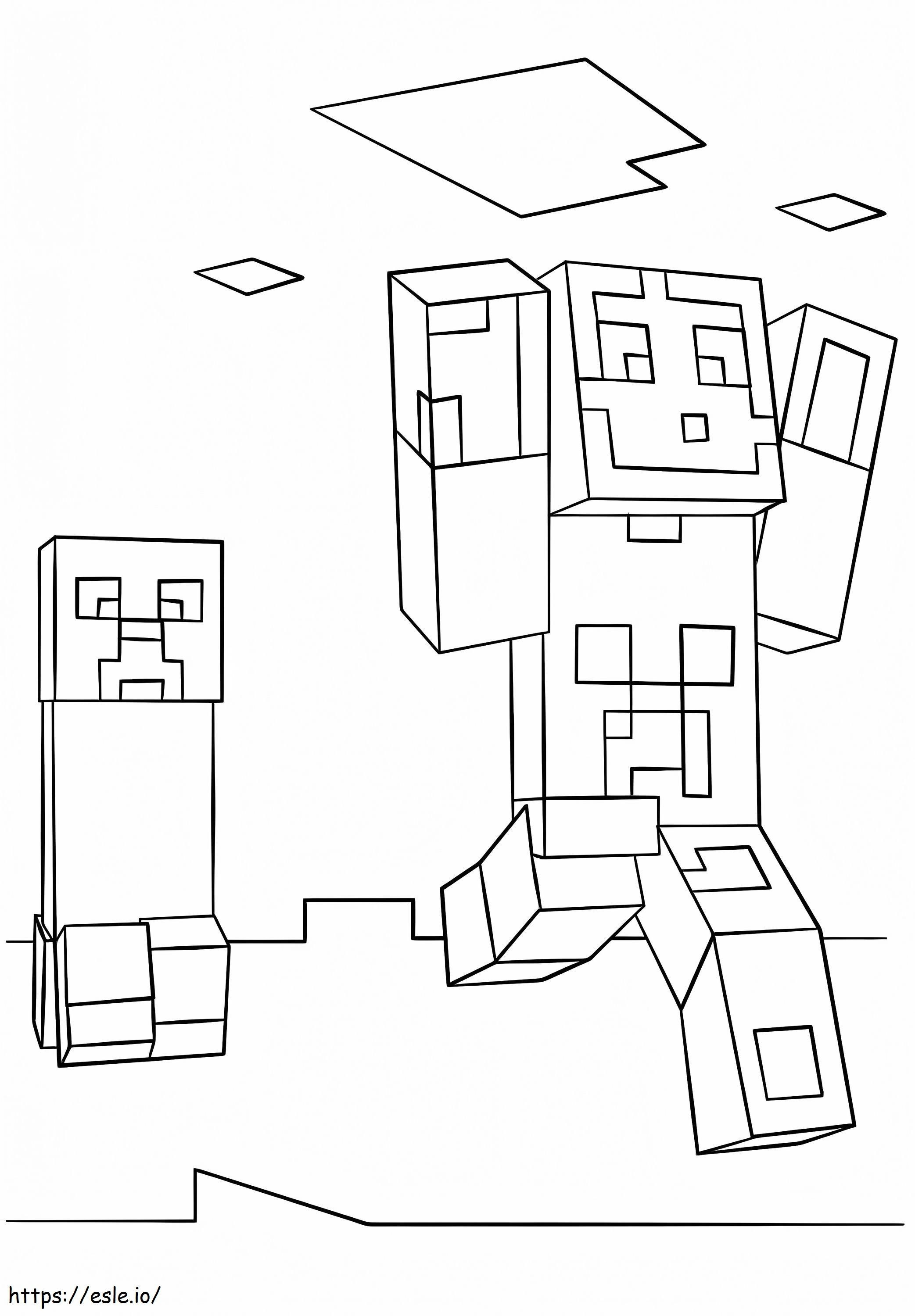 Creeper And Steve Running coloring page