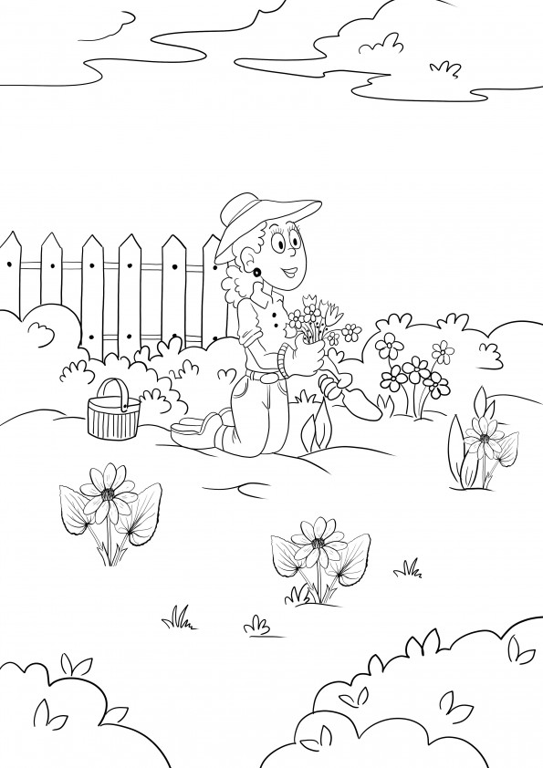 Woman and garden flowers free printable