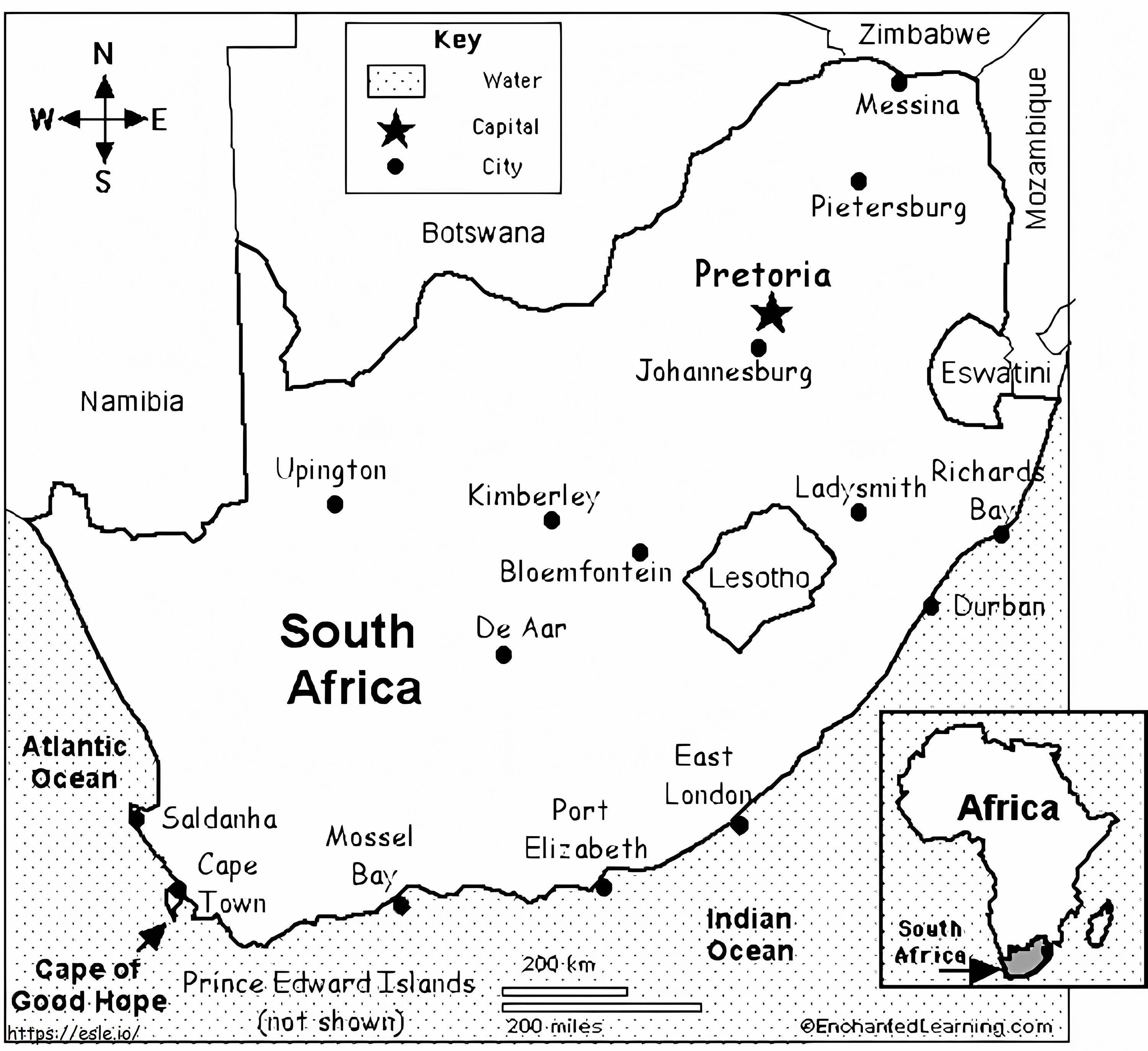 Mapa de Sudáfrica 1 para colorear