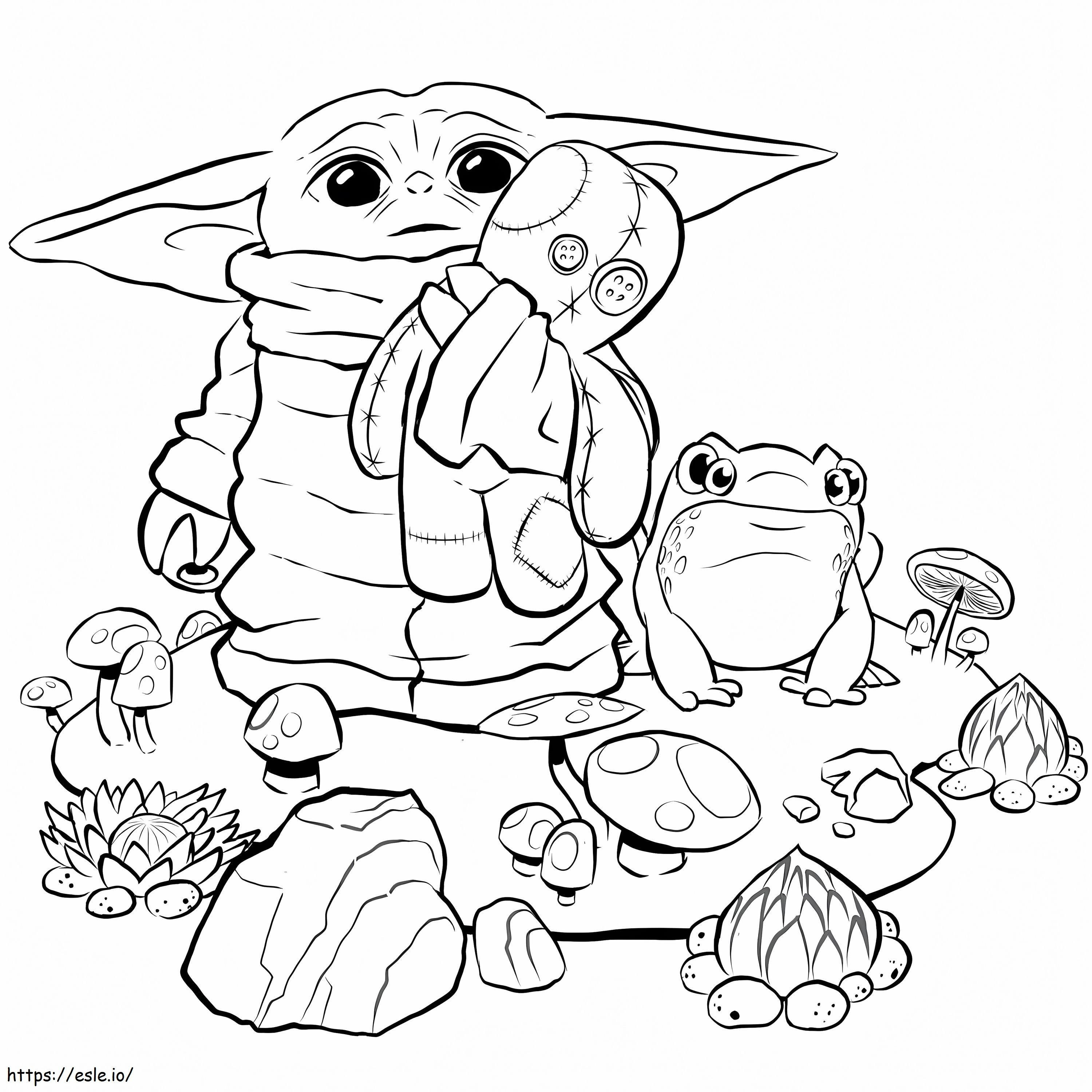 Bebé Yoda sosteniendo un juguete de rana para colorear
