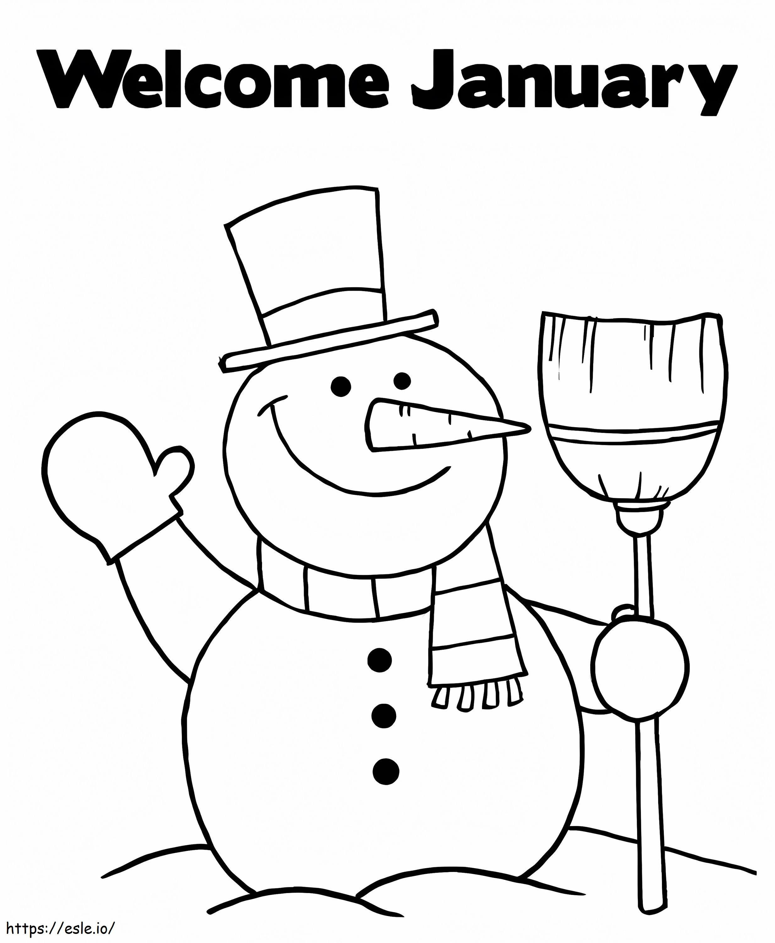 Coloriage Bonhomme de neige bienvenue janvier à imprimer dessin