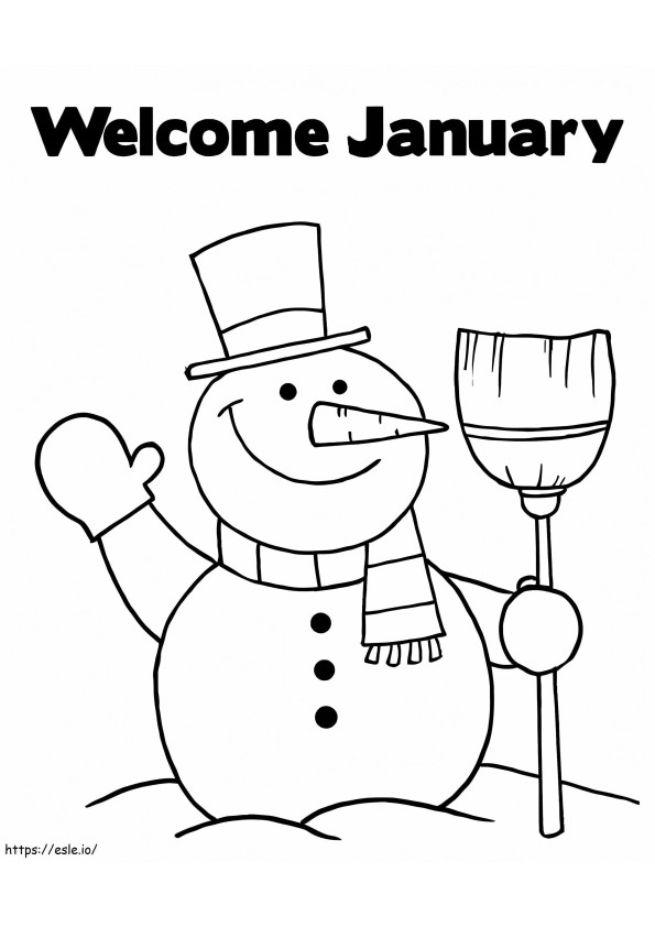 Coloriage Bonhomme de neige bienvenue janvier à imprimer dessin