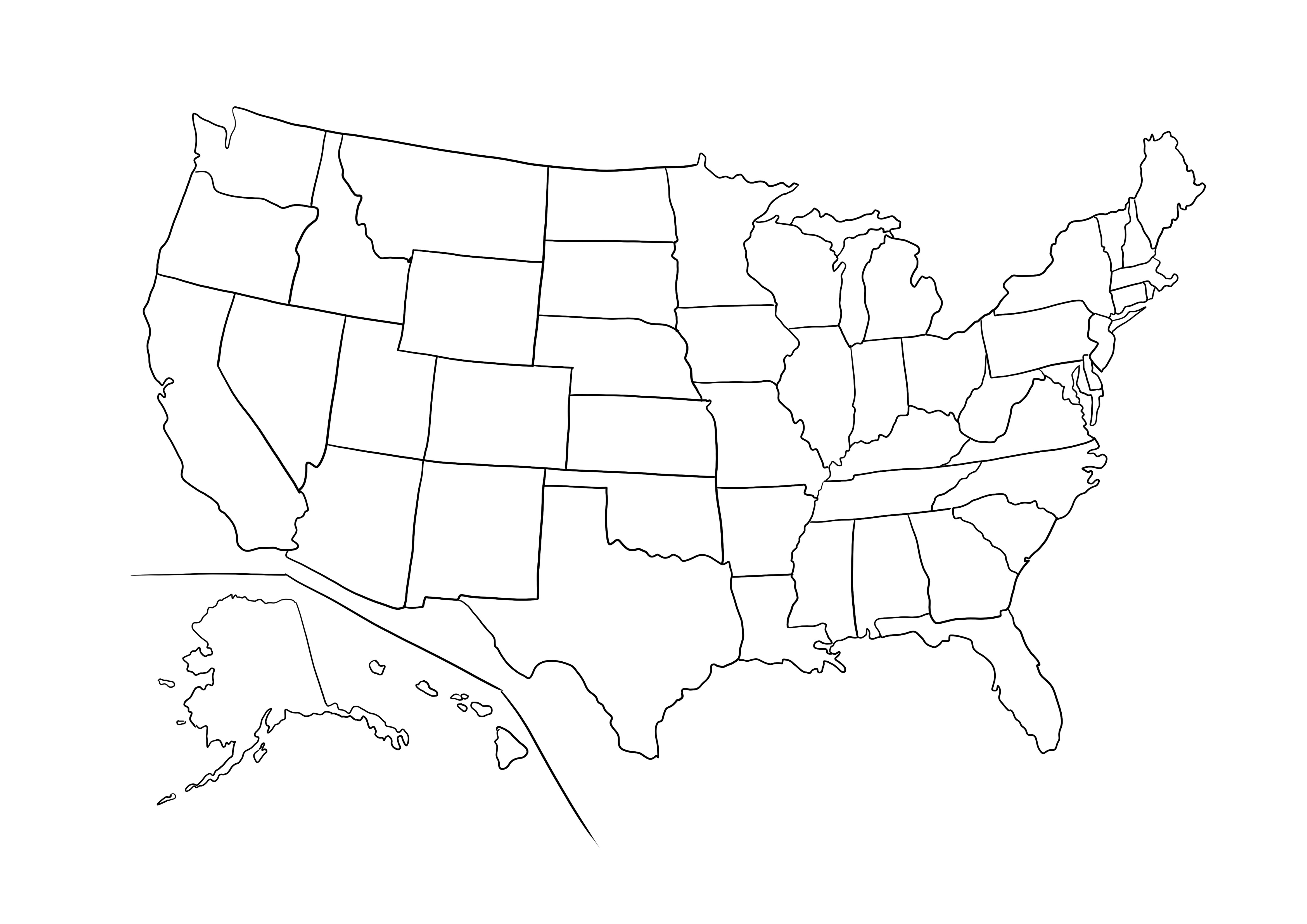 Mapa de contorno dos EUA para imprimir gratuitamente e colorir