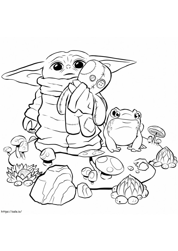 Baby Yoda met speelgoed en kikker kleurplaat