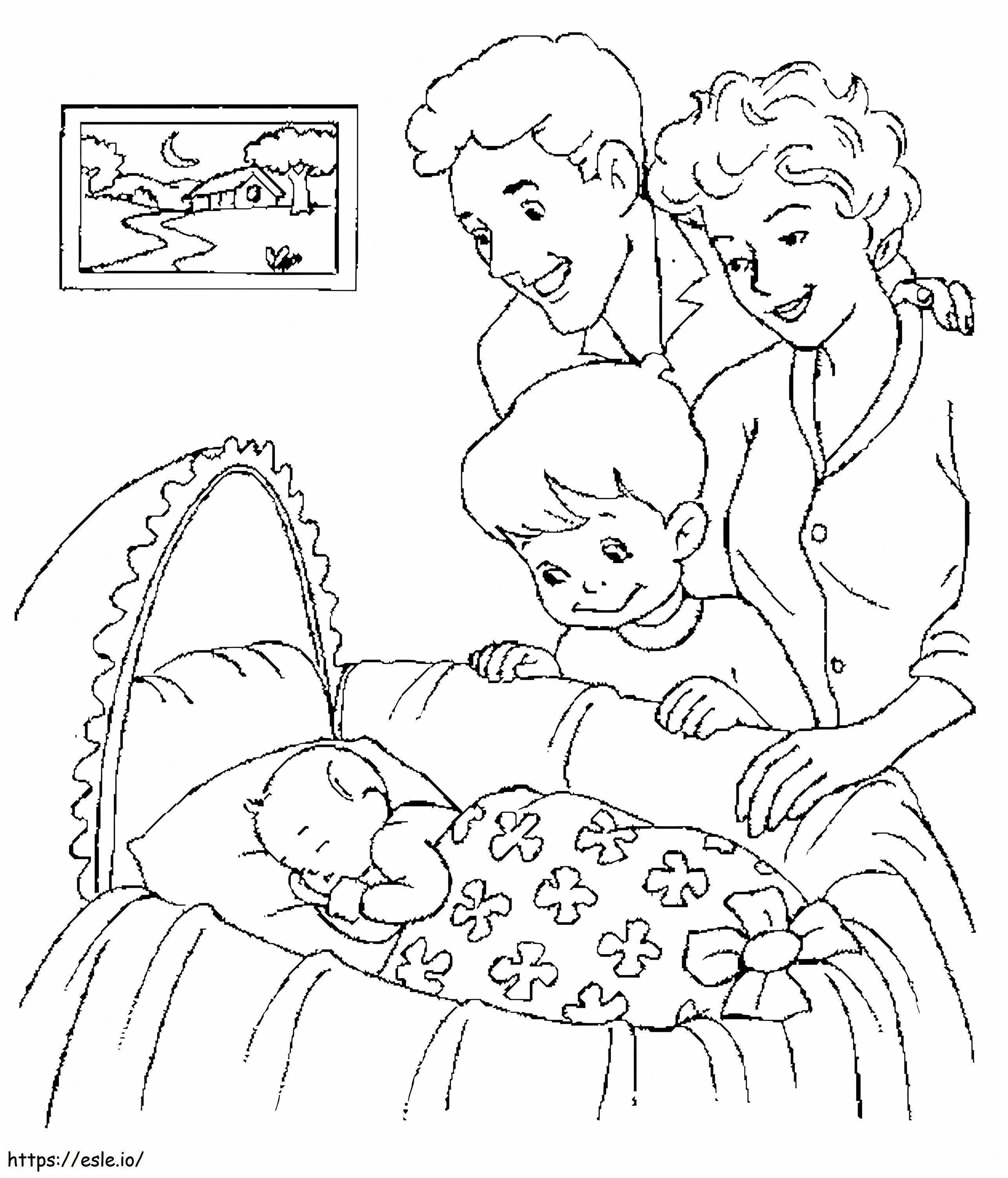 Família olhando para a criança para colorir