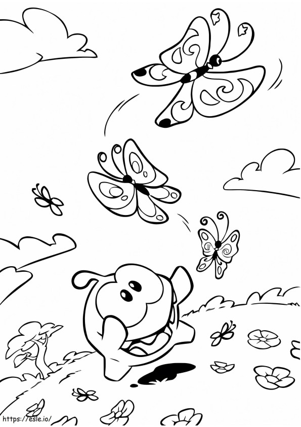 Om Nom Playing With Butterfly coloring page