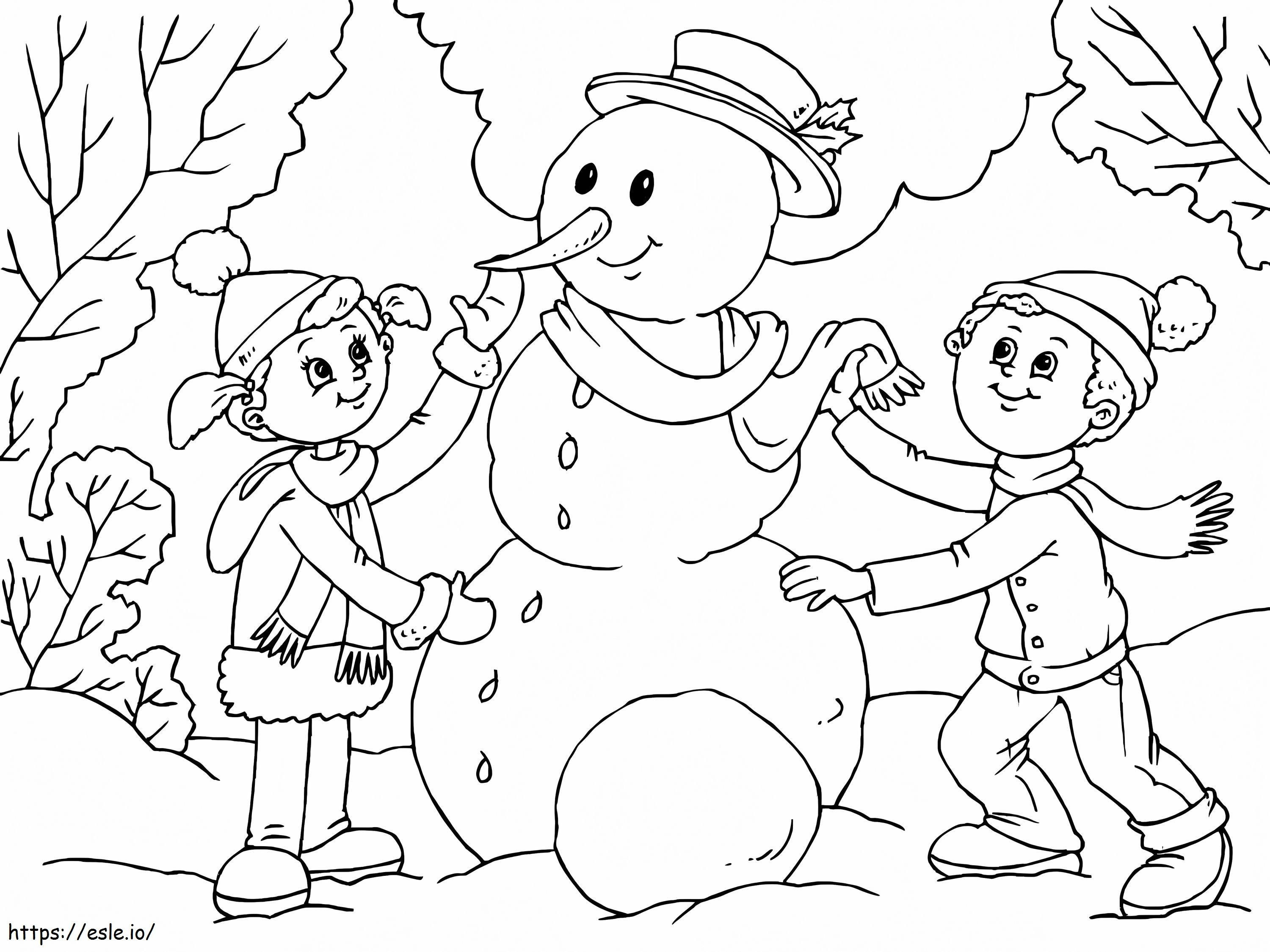 Due bambini che costruiscono un pupazzo di neve da colorare