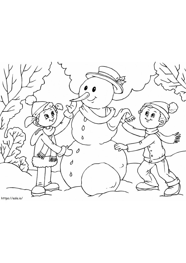 Kaksi lasta rakentamassa lumiukkoa värityskuva