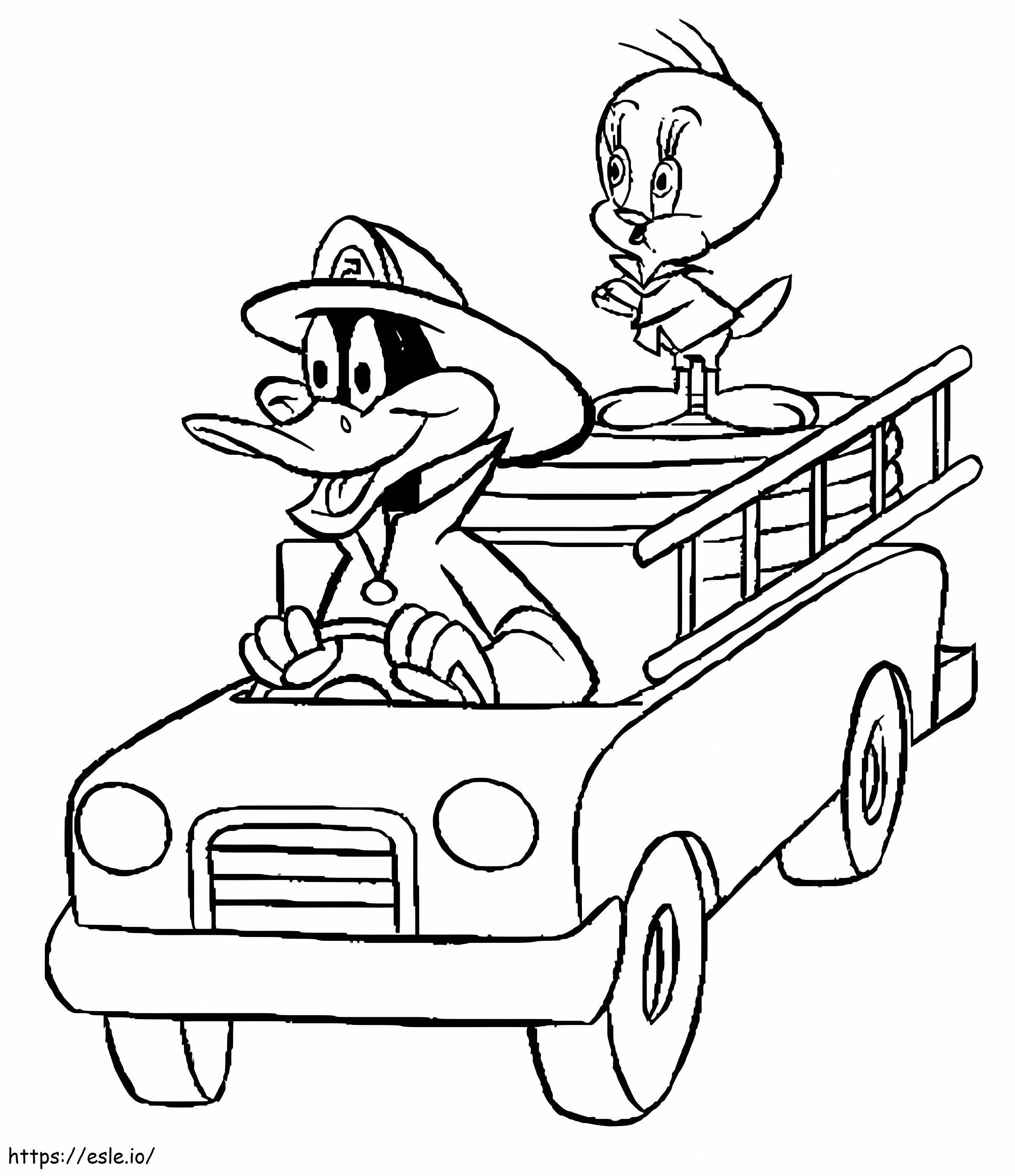 Coloriage Daffy Duck et Tweety le pompier à imprimer dessin