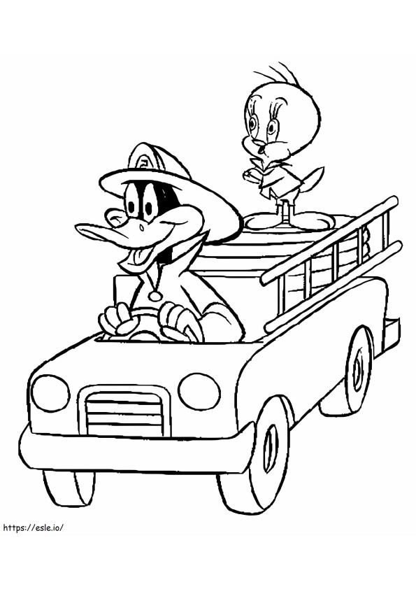 Coloriage Daffy Duck et Tweety le pompier à imprimer dessin