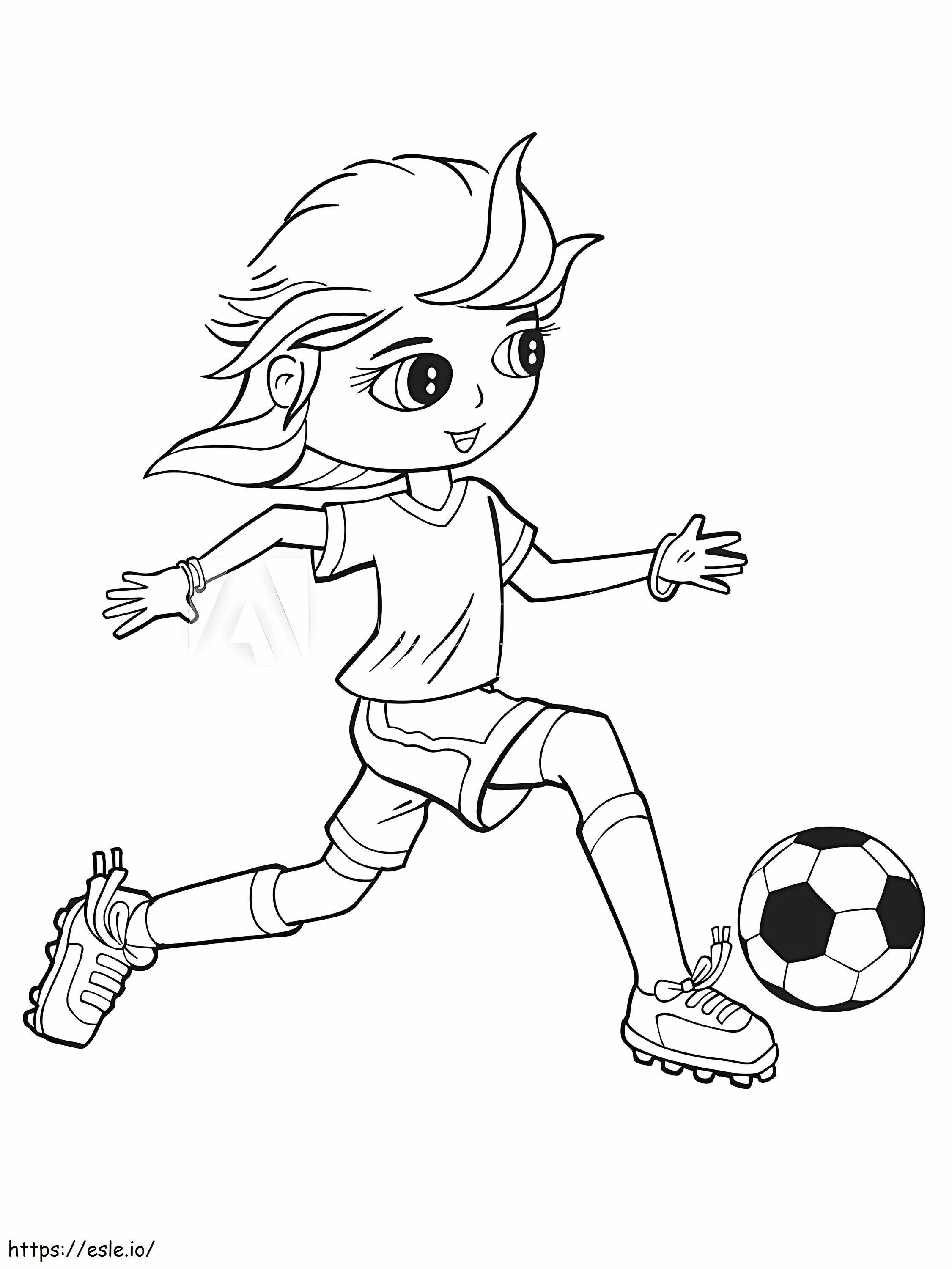 Siisti tyttö pelaa jalkapalloa värityskuva