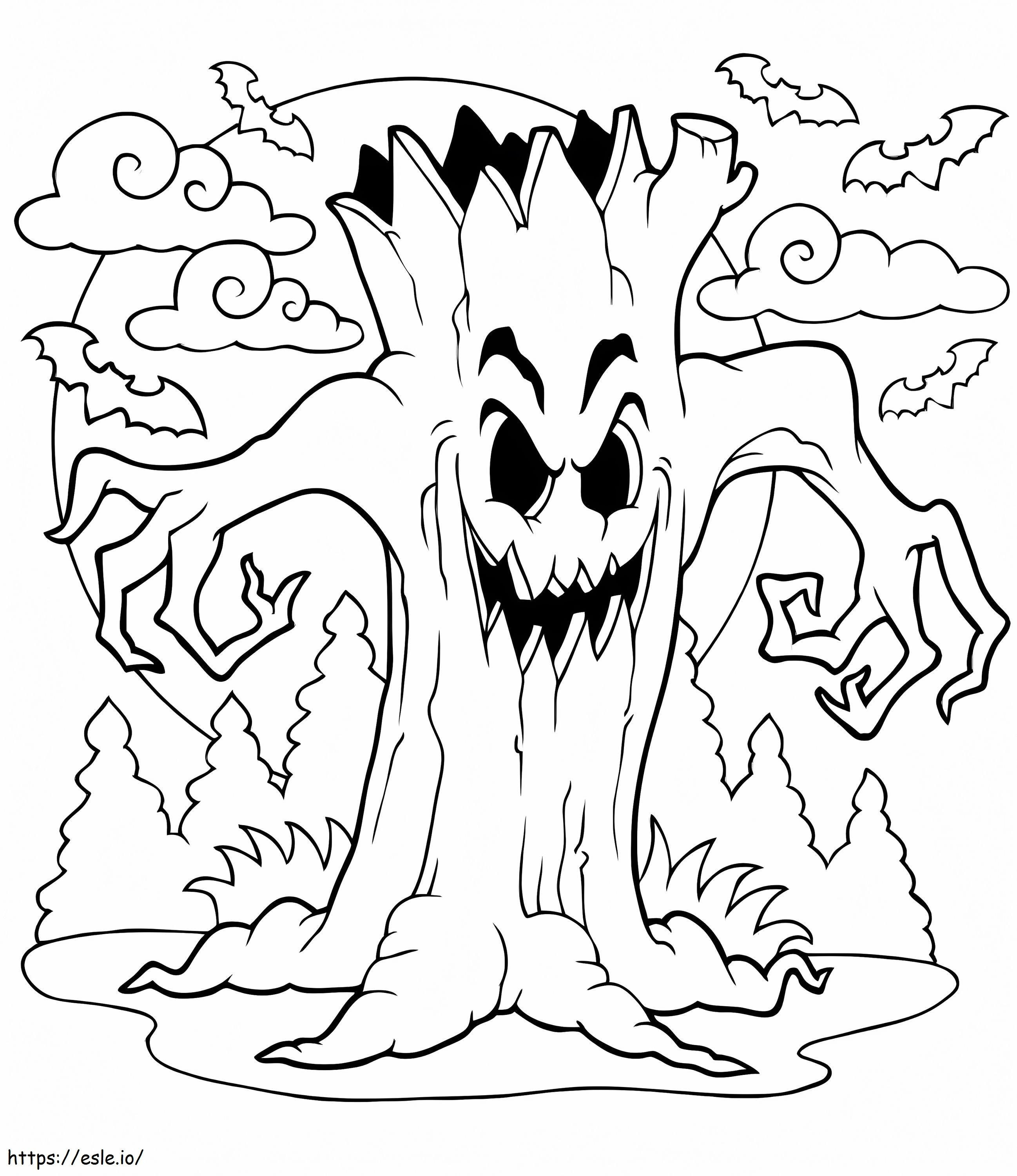 Pelottava puu Halloweenina värityskuva