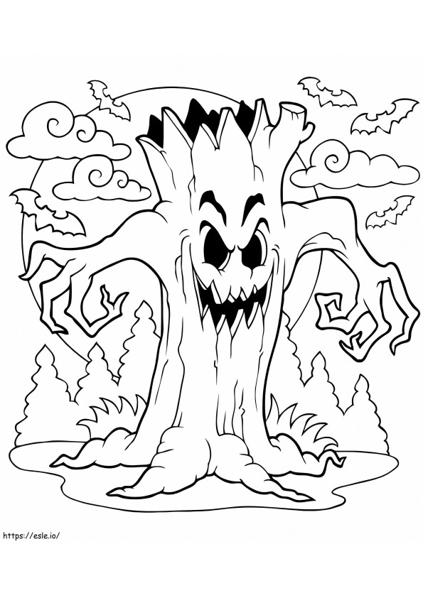 Árvore assustadora no Halloween para colorir