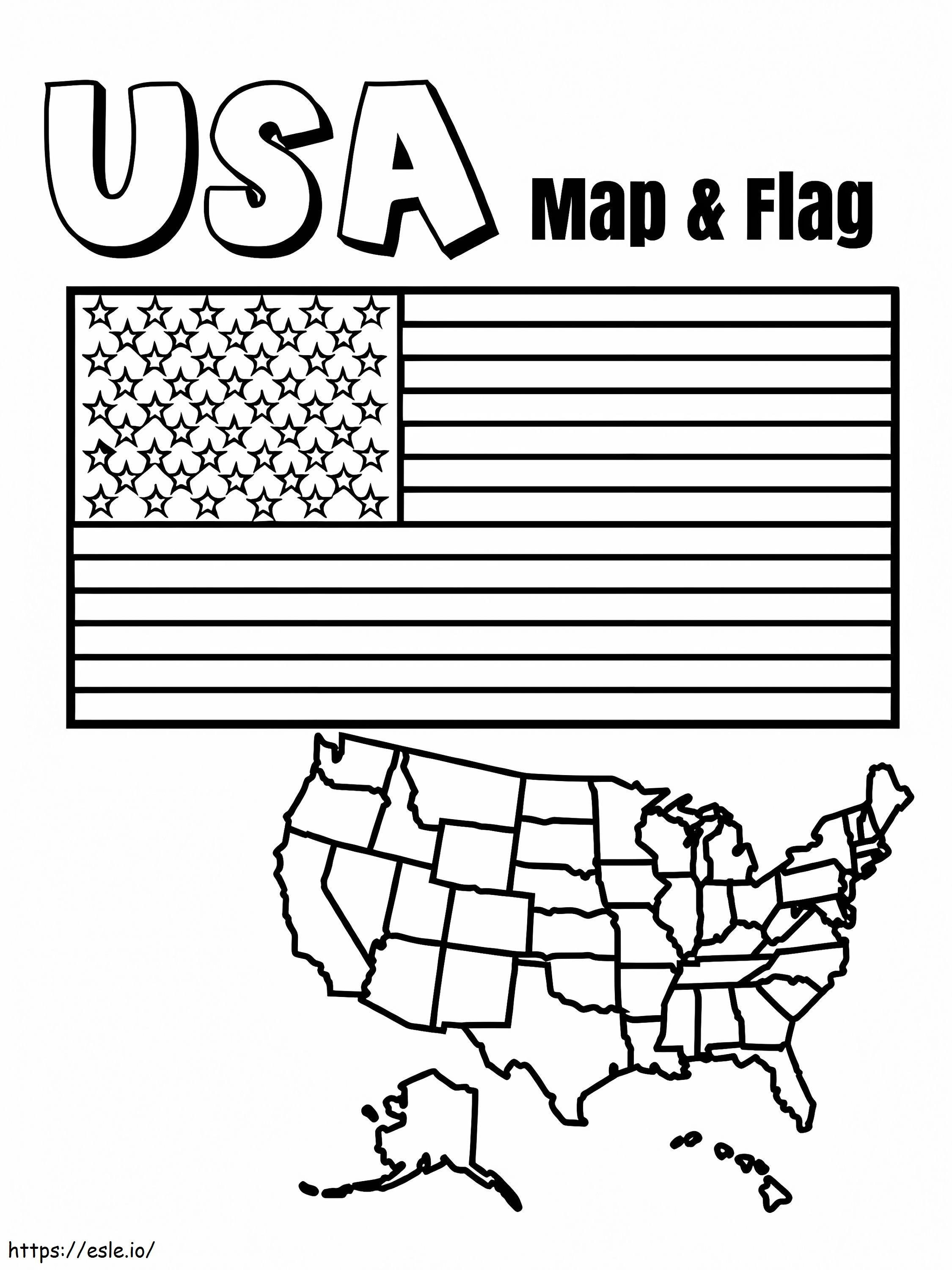 Yhdysvaltain lippu ja kartta värityskuva