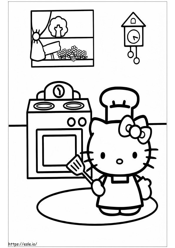 Coloriage Hello Kitty cuisine dans la cuisine à imprimer dessin
