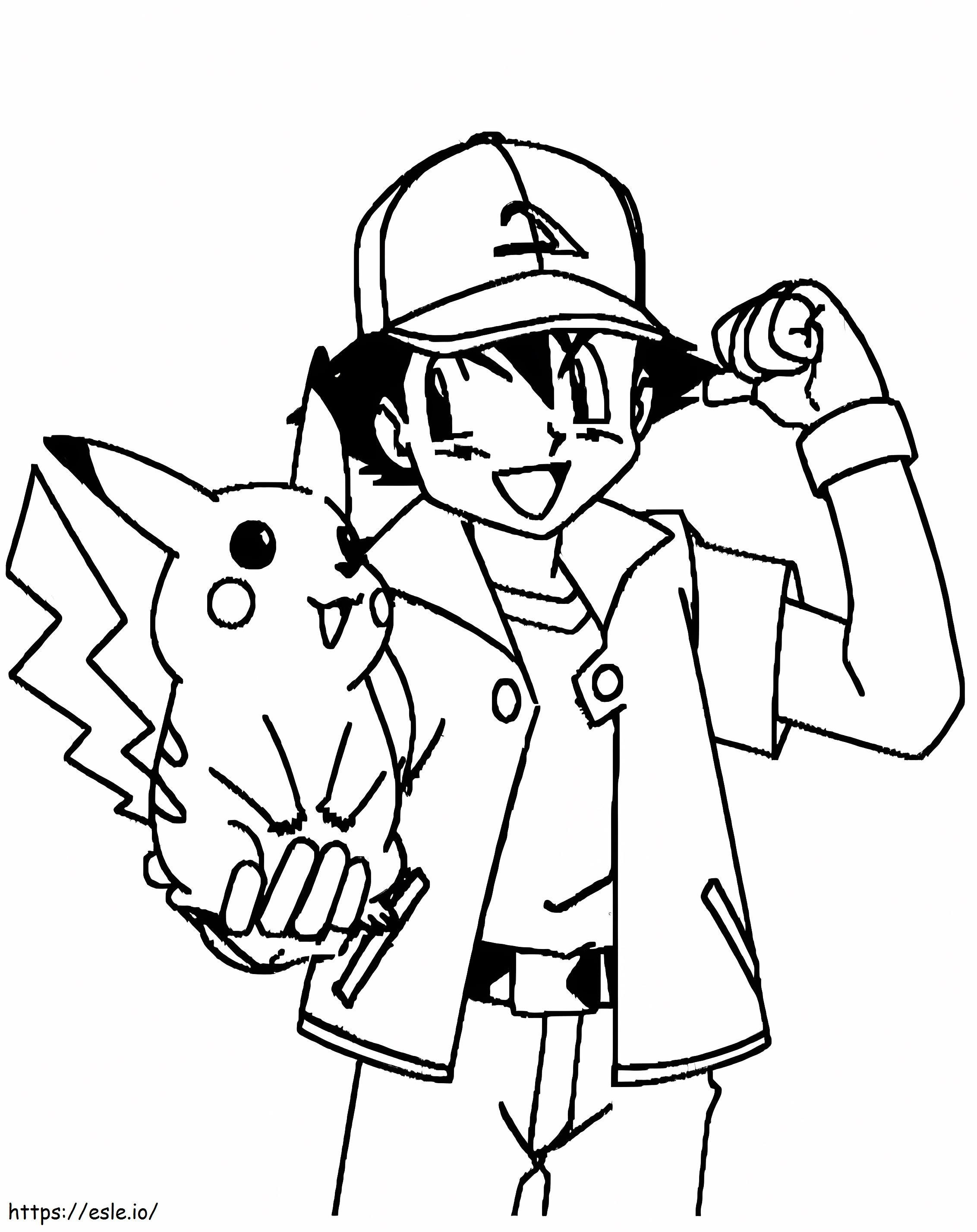 Ash Ketchum con in braccio Pikachu da colorare