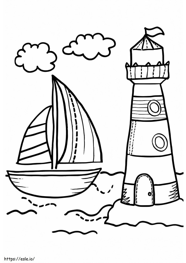 灯台とボート ぬりえ - 塗り絵