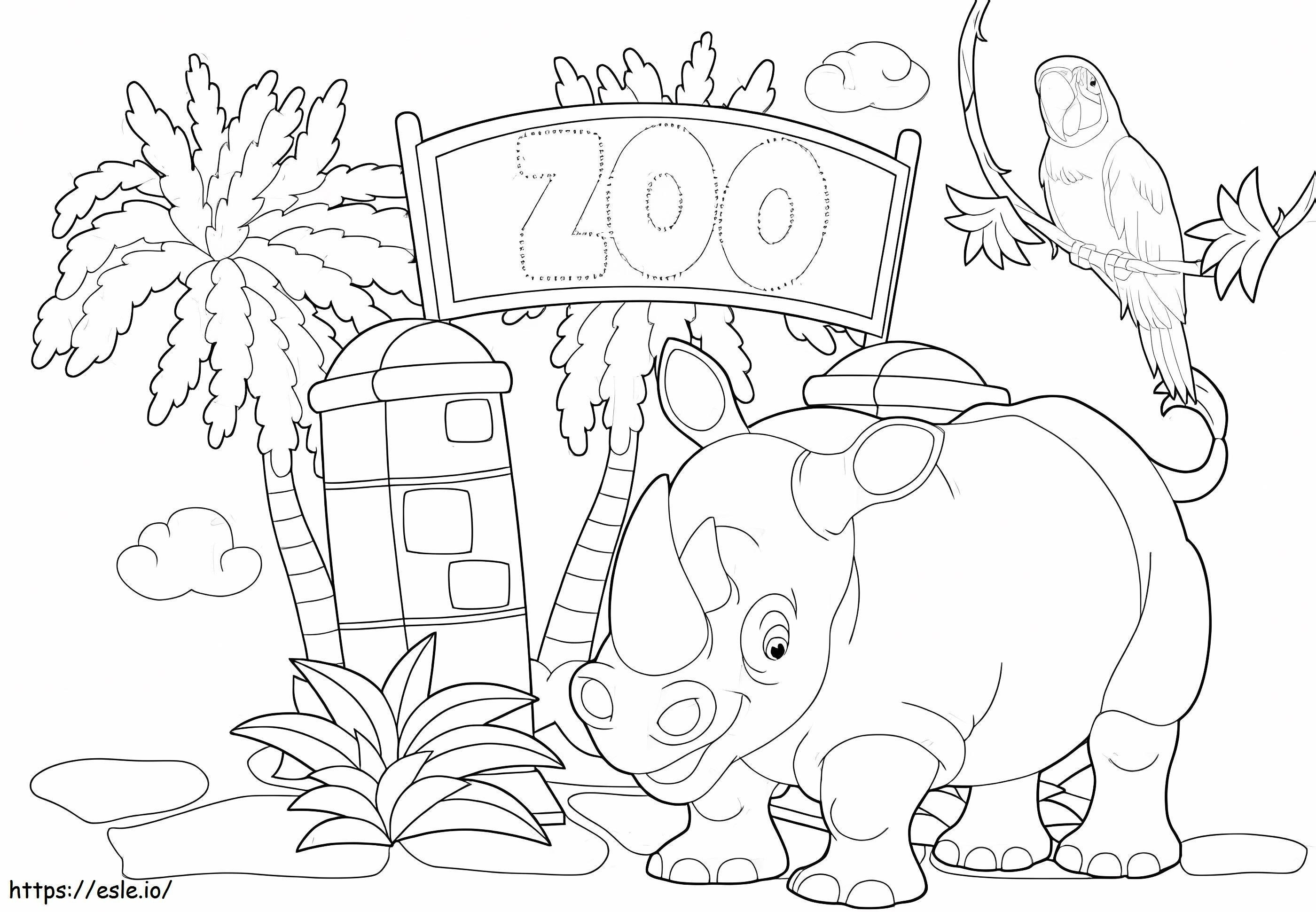 Rinoceronte e papagaio estão no zoológico para colorir