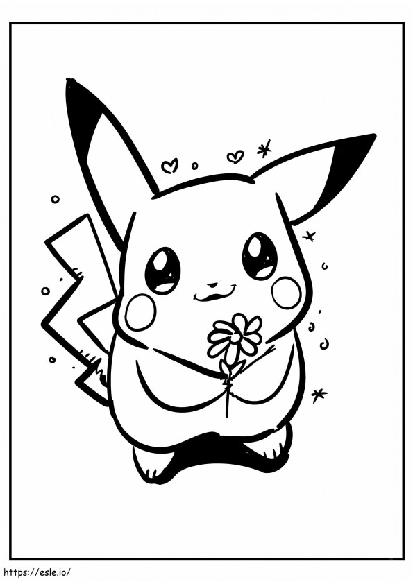 Pikachu pitelee kukkaa värityskuva