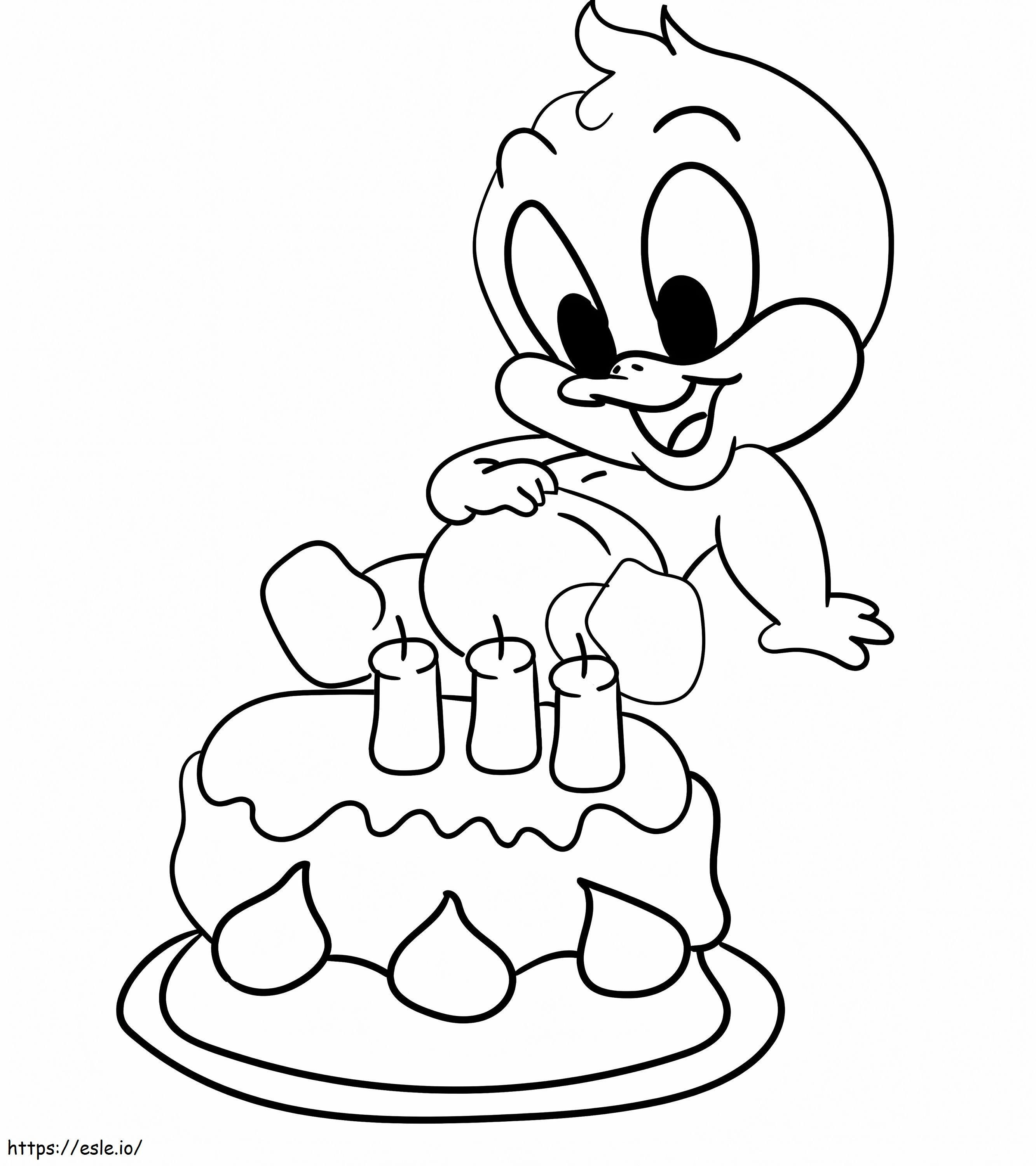 Coloriage Bébé Daffy Duck avec un gâteau d'anniversaire à imprimer dessin