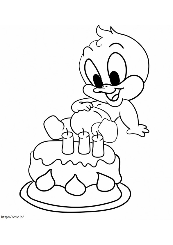 Coloriage Bébé Daffy Duck avec un gâteau d'anniversaire à imprimer dessin