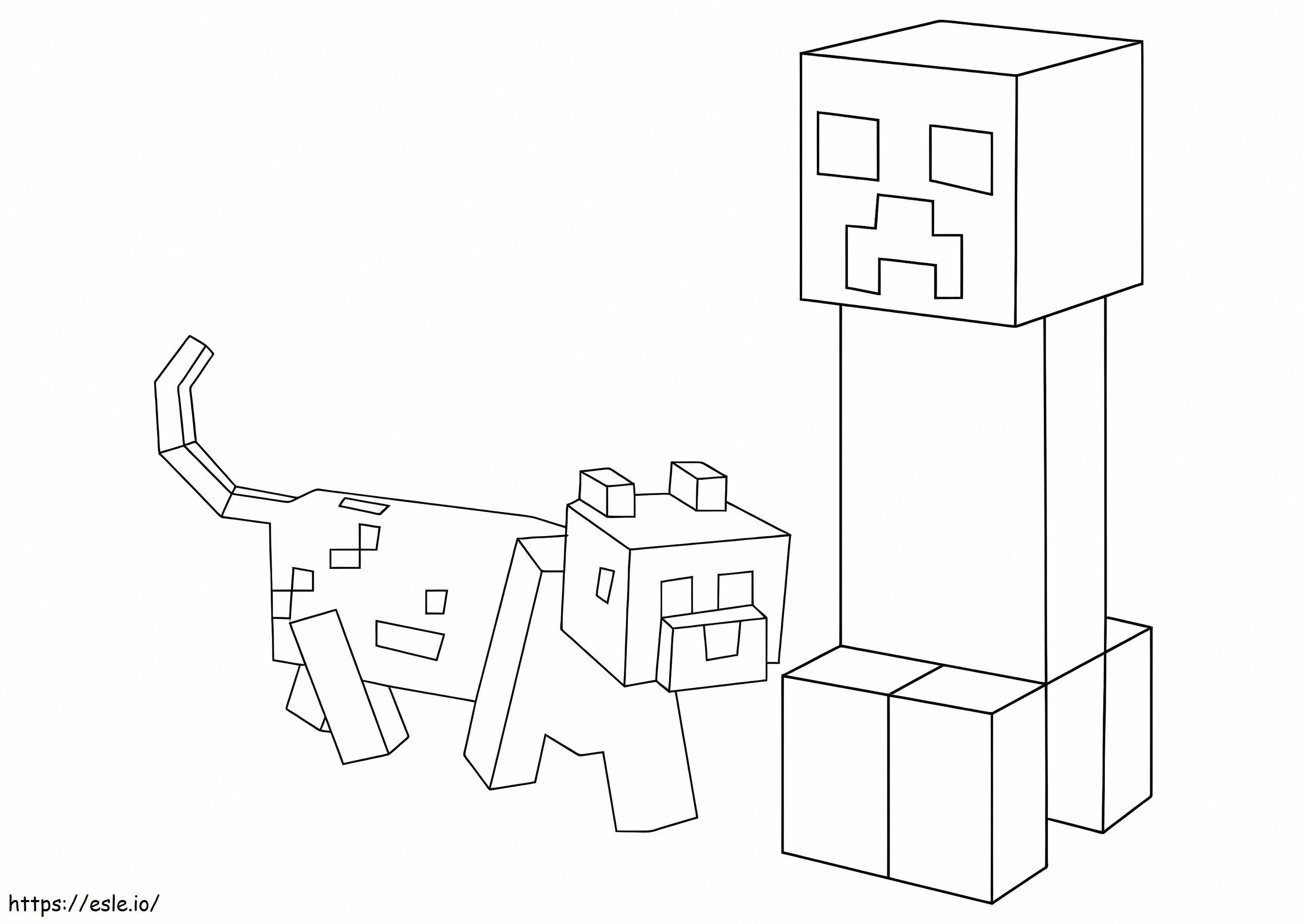 Minecraft のクリーパーと犬 ぬりえ - 塗り絵