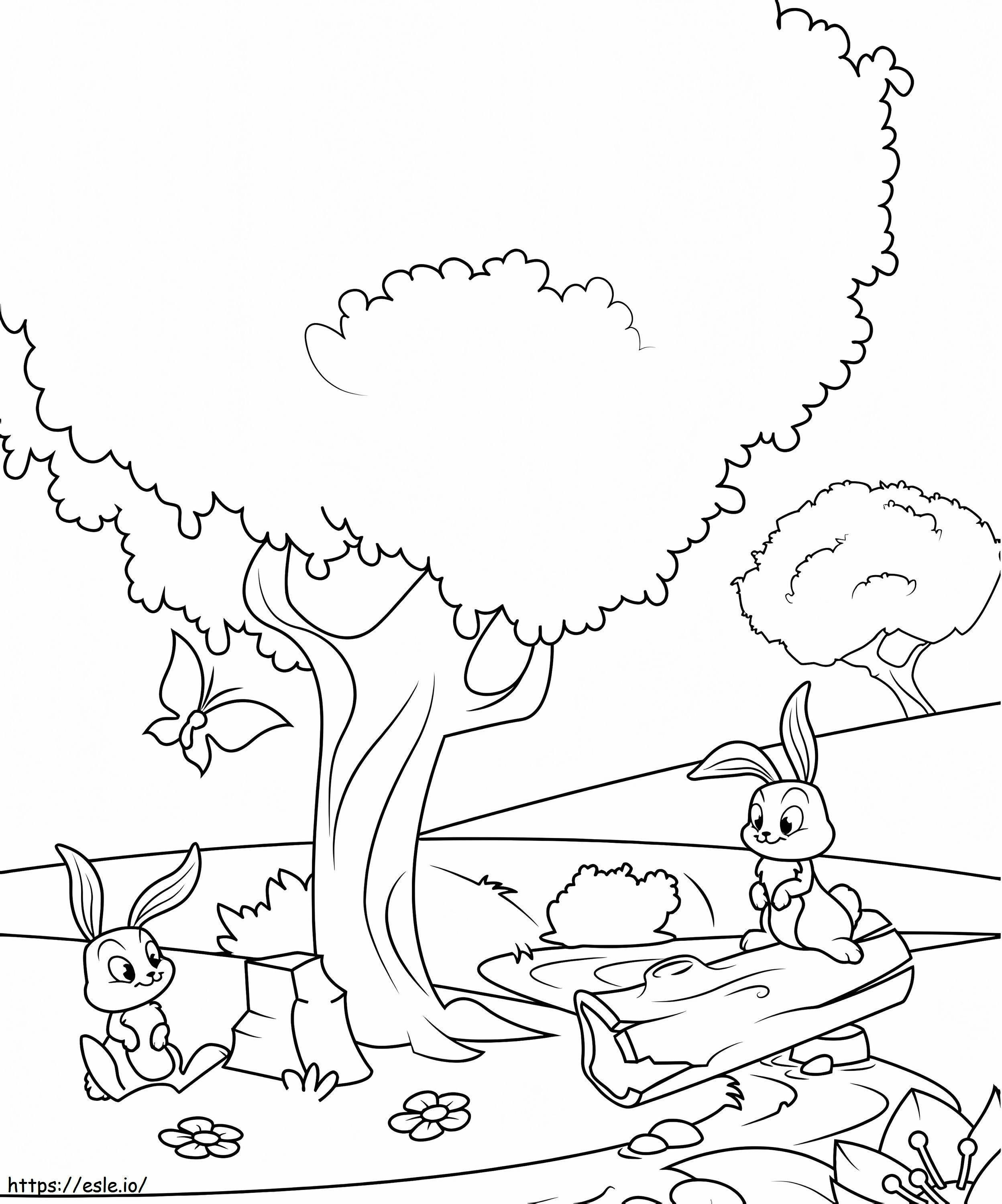Coelhos debaixo da árvore para colorir
