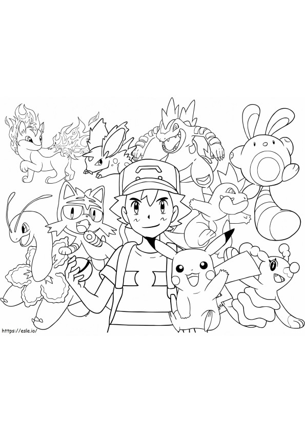 Ash Ketchum y Pokémon para colorear
