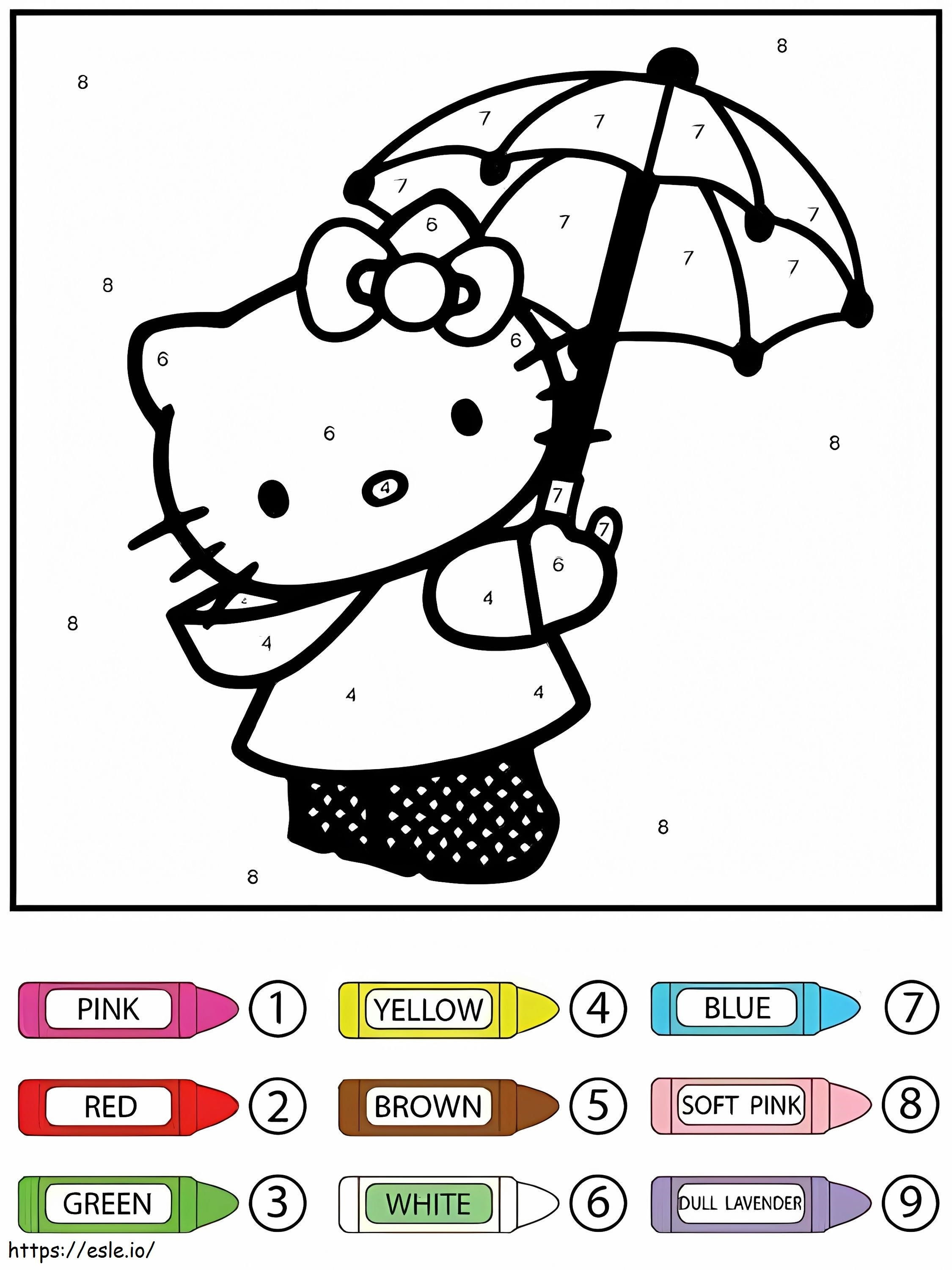 Hello Kitty met paraplu, kleur op nummer kleurplaat kleurplaat