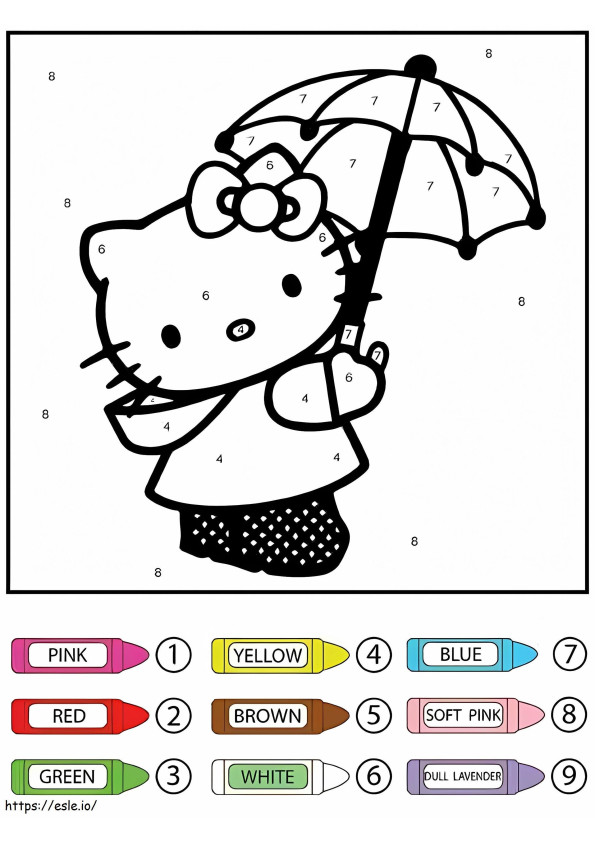 ハローキティの傘を番号で色分け ぬりえ - 塗り絵
