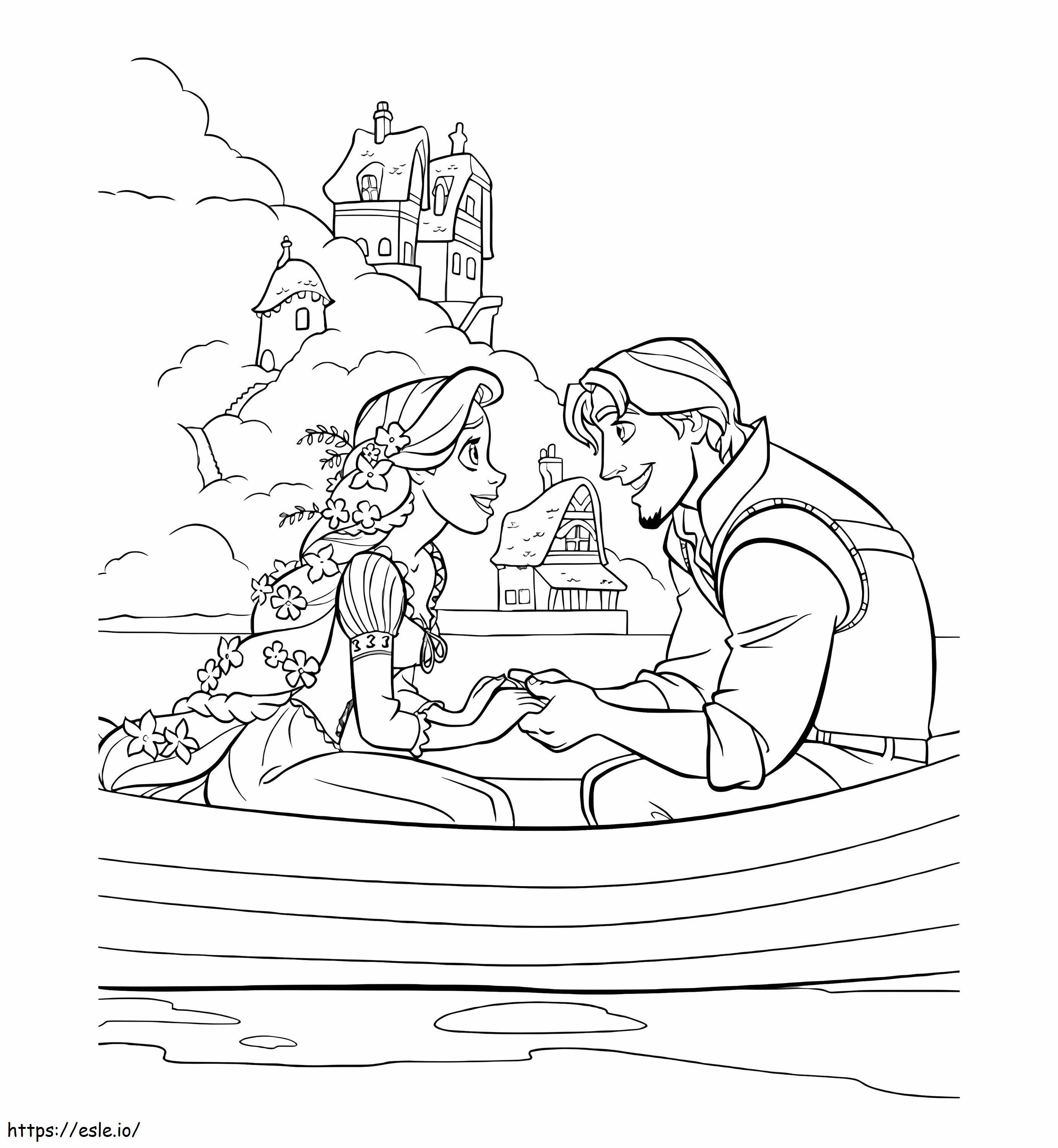 Rapunzel e Flynn sentam-se no barco para colorir