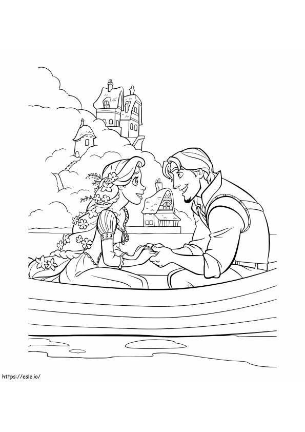 Rapunzel și Flynn stau pe barcă de colorat