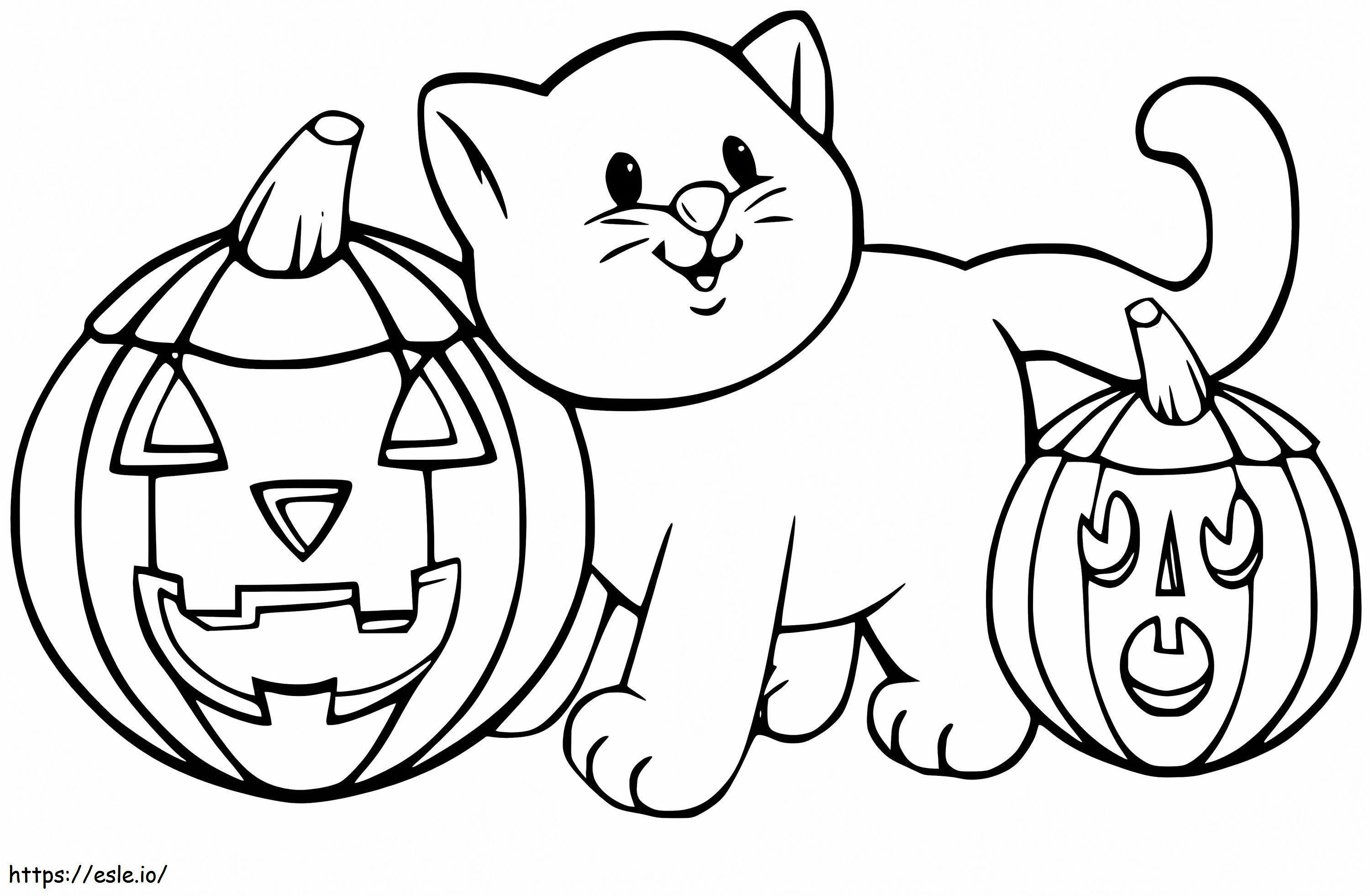 Cute Cat And Jack O Lanterns coloring page