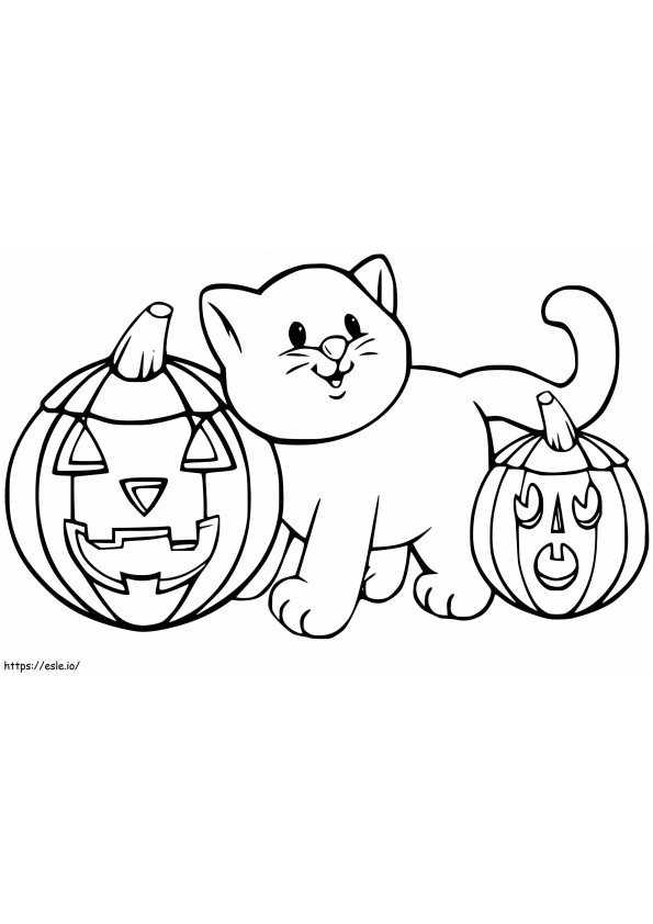 Cute Cat And Jack O Lanterns coloring page