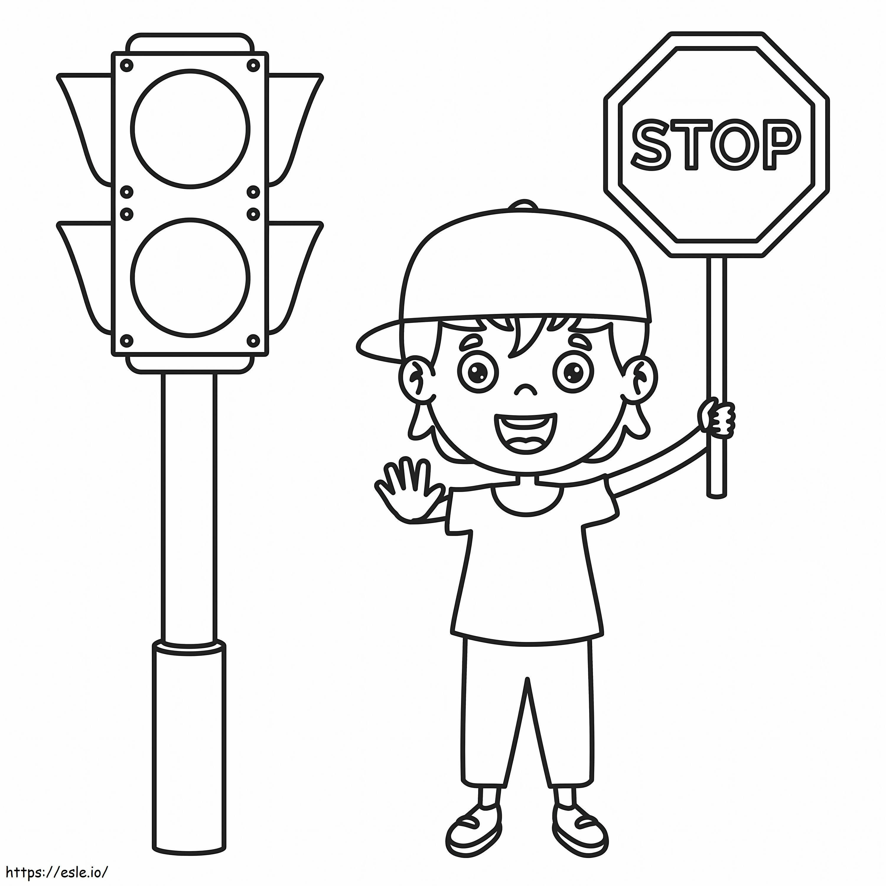 Hauska lapsi, jossa on stop-merkki ja liikennevalo värityskuva