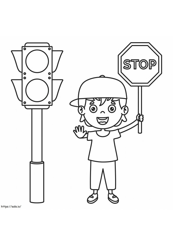 Hauska lapsi, jossa on stop-merkki ja liikennevalo värityskuva