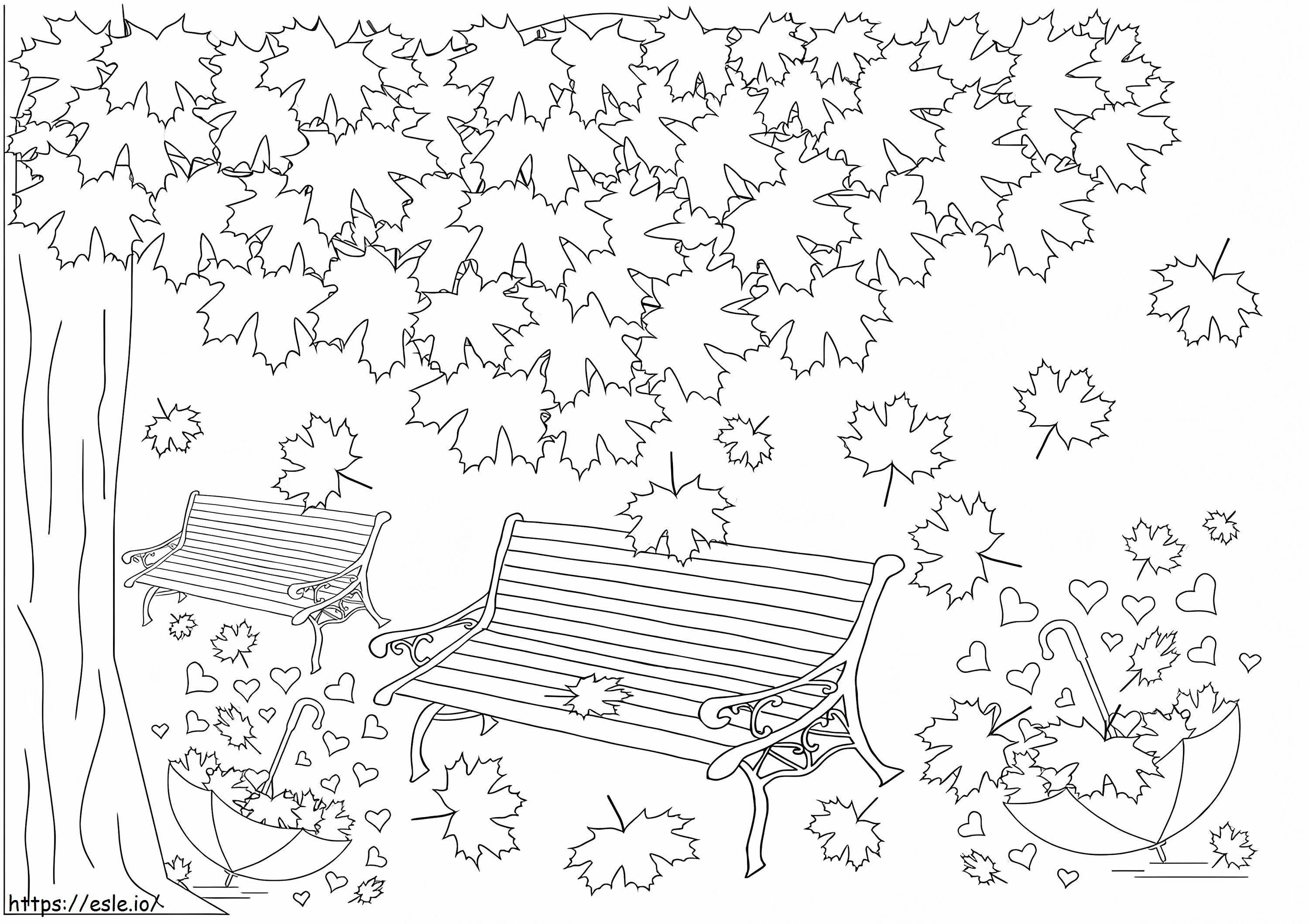 秋の葉と椅子のある木 ぬりえ - 塗り絵
