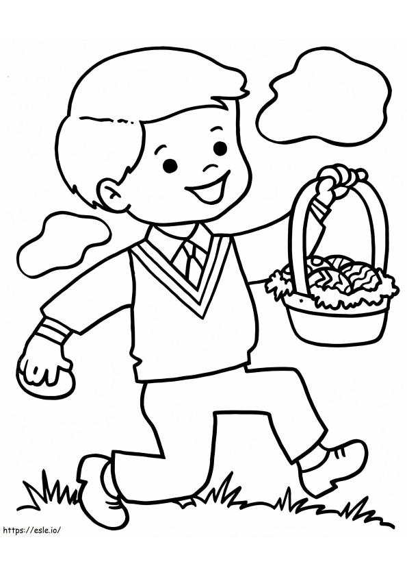 Coloriage Garçon tenant un panier de Pâques à imprimer dessin