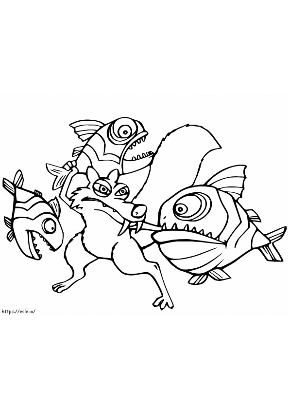 Coloriage Scrat avec des piranhas à imprimer dessin